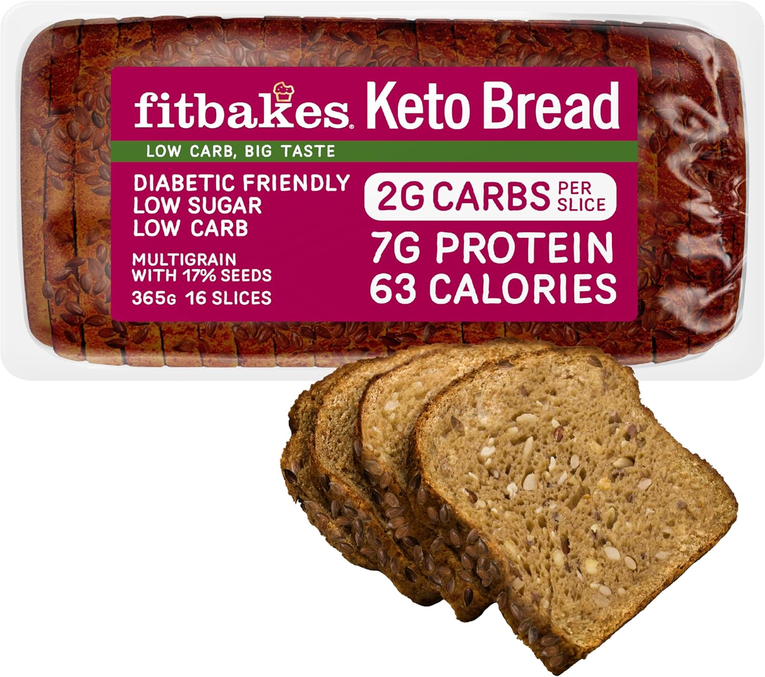 Fit Bakes Keto Bread : 2g Carbs, 7g Protein, Low Carb Bread Loaf (16 slices) Multi Seeded, Diabetic Food, Keto Snacks, Protein Snacks Low Calorie Diet, 63 Calories, Fitbakes