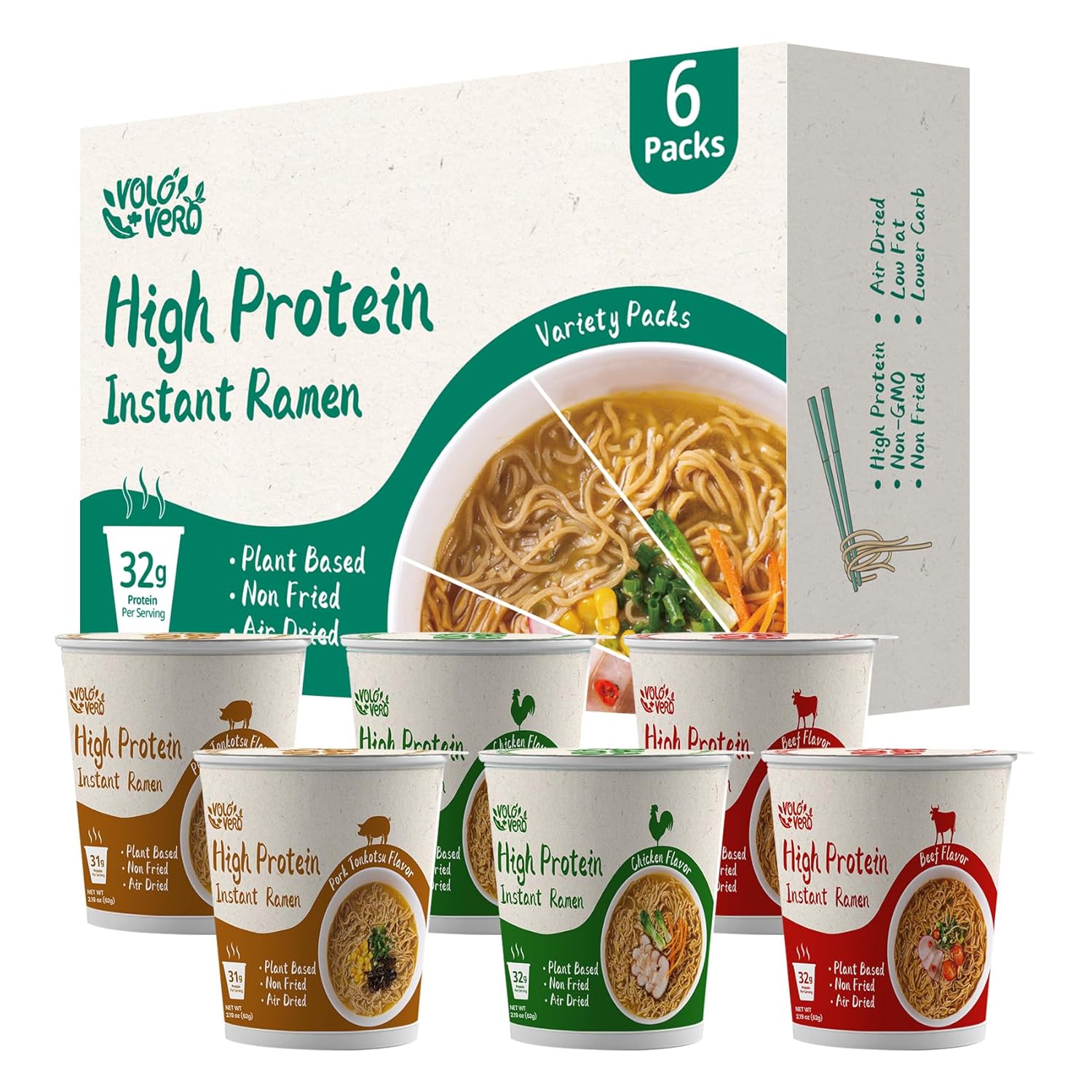 VOLO VERO High Protein (32g) Instant Ramen Soup Cup Variety Flavor (Chicken, “Spicy” Beef, Pork Tonkotsu), Plant-Based, Air-Dried, Non-Fried, Low Carb Quick Healthy Meal, Holiday Gifts, 6 Packs