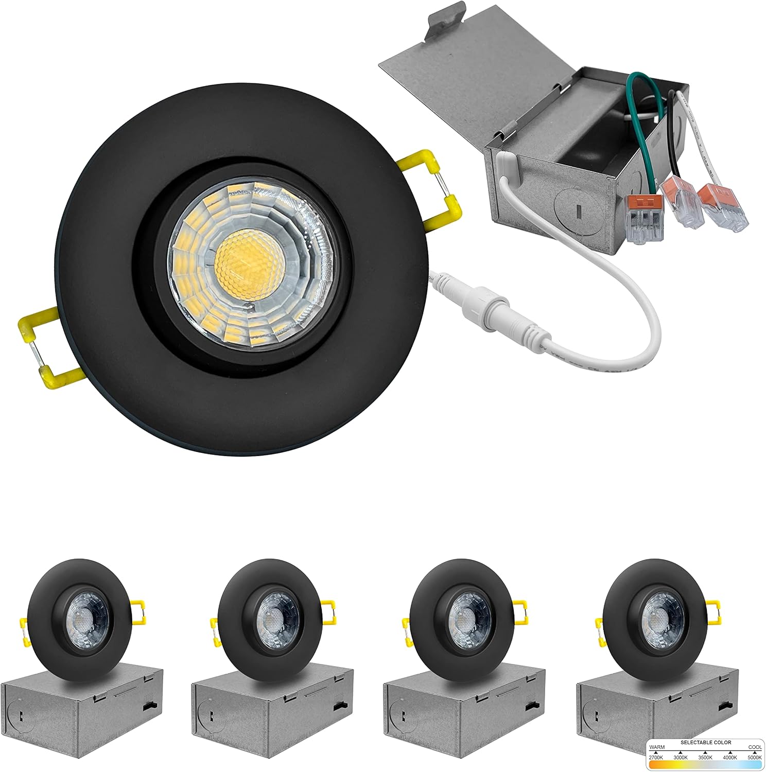 NUWATT 3 Inch Round Black LED Gimbal Recessed Downlight, Canless All-in-1 LED Light with 5 CCT Color Switch 2700K - 5000K, 8W, 600 Lumens, 120V, Dimmable, New Construction (Black, 4 Pieces)
