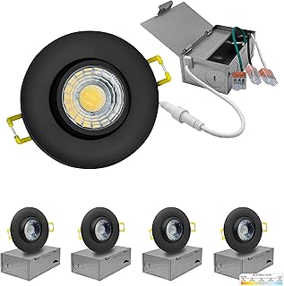 NUWATT 3 Inch Round Black LED Gimbal Recessed Downlight, Canless All-in-1 LED Light with 5 CCT Color Switch 2700K - 5000K, 8W, 600 Lumens, 120V, Dimmable, New Construction (Black, 4 Pieces)