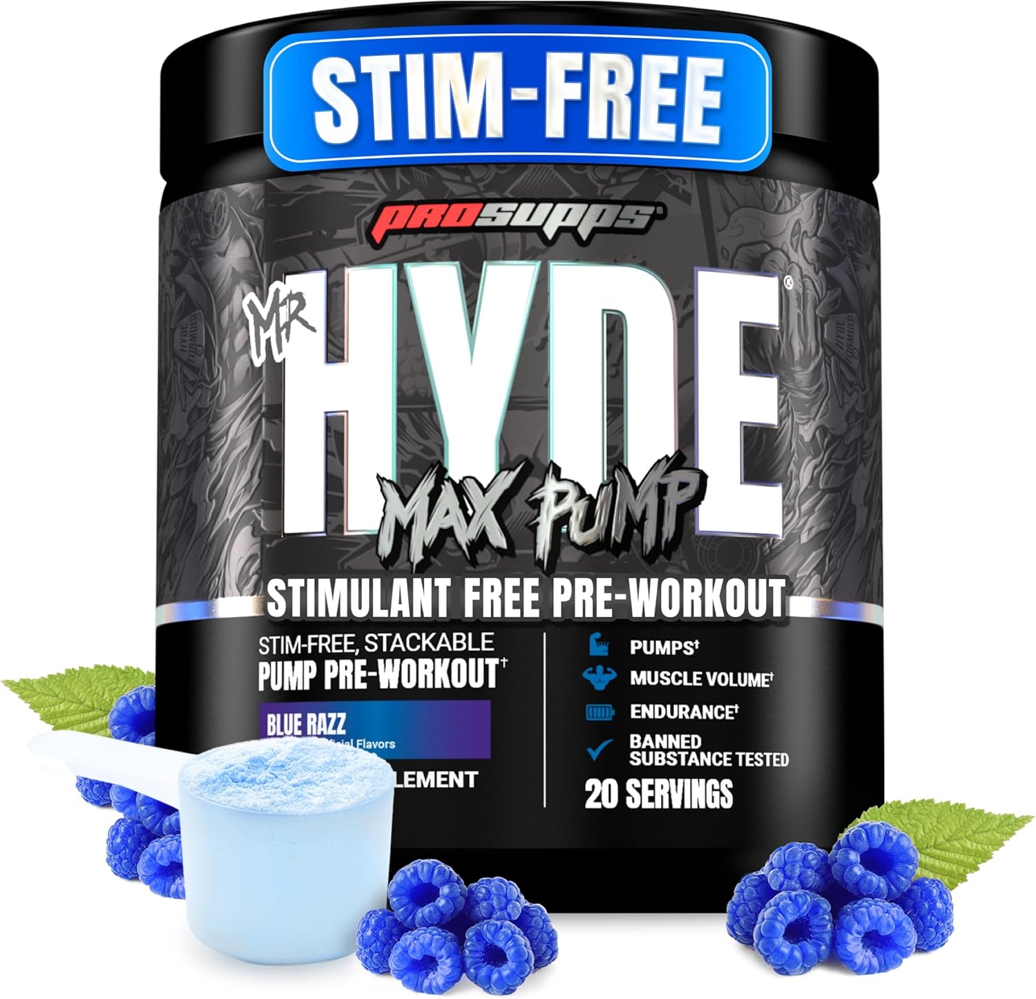 PROSUPPS Mr. Hyde Max Pump Pre Workout Powder - Stim-Free Preworkout Supports Blood Flow, Muscle Volume & Endurance - Caffeine-Free Nitric Oxide Gym & Fitness Supplements (Blue Razz, 20 Servings)