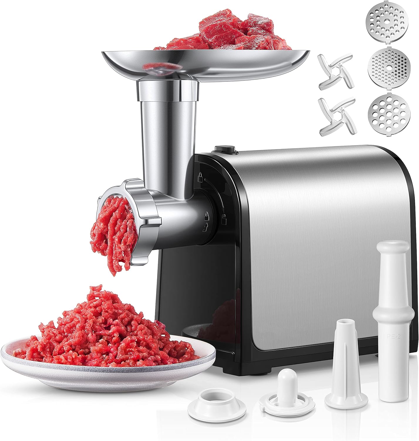 Electric Meat Grinder, 3200W Max Meat Grinders for Home Use, HOUSNAT 3 in 1 Heavy Duty Meat Mincer with 2 Blades and 3 Plates, Sausage Stuffer Tube & Kubbe Kit, Stainless Steel