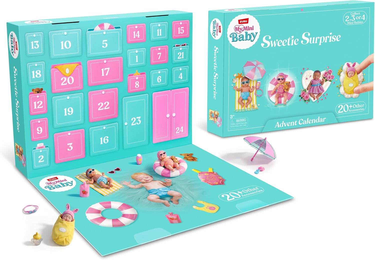 My Mini Advent Series 1 By ZURU | 24 daily reveal windows; 2 baby dolls; outfits, feeding items & sunglasses; nurturing play; holiday gift