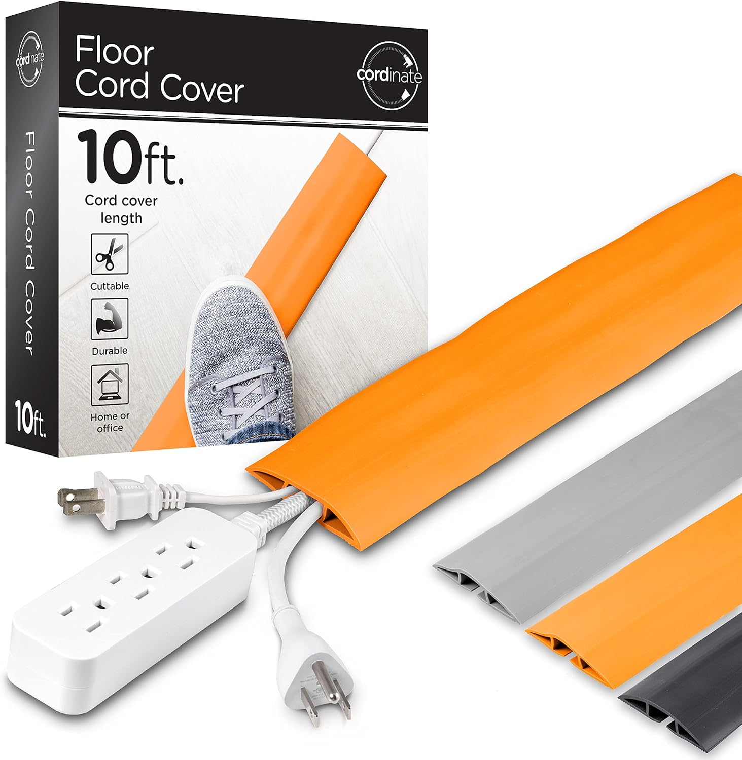 Cordinate 10ft Floor Cord Cover, Cable Protector, Hide Extension Cords, Protect Cords, Prevent Cable Trips, Heavy Duty Cord Hider - Cable Cavity = 0.75" (W) x 0.43" (H) - Orange