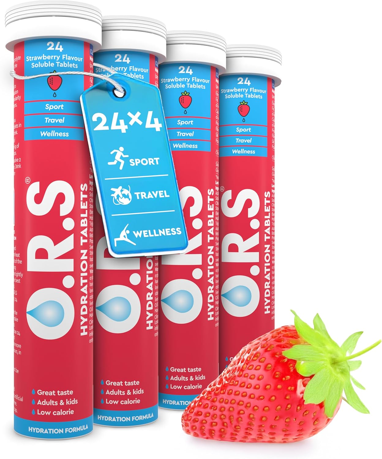 O.R.S Hydration Tablet with Electrolytes for Rehydration, Wellness, Travel, Sports & Recovery | Vegan, Gluten-Free & Low-Calorie Electrolyte Tablets with Natural Strawberry Flavour, 96 Tablets
