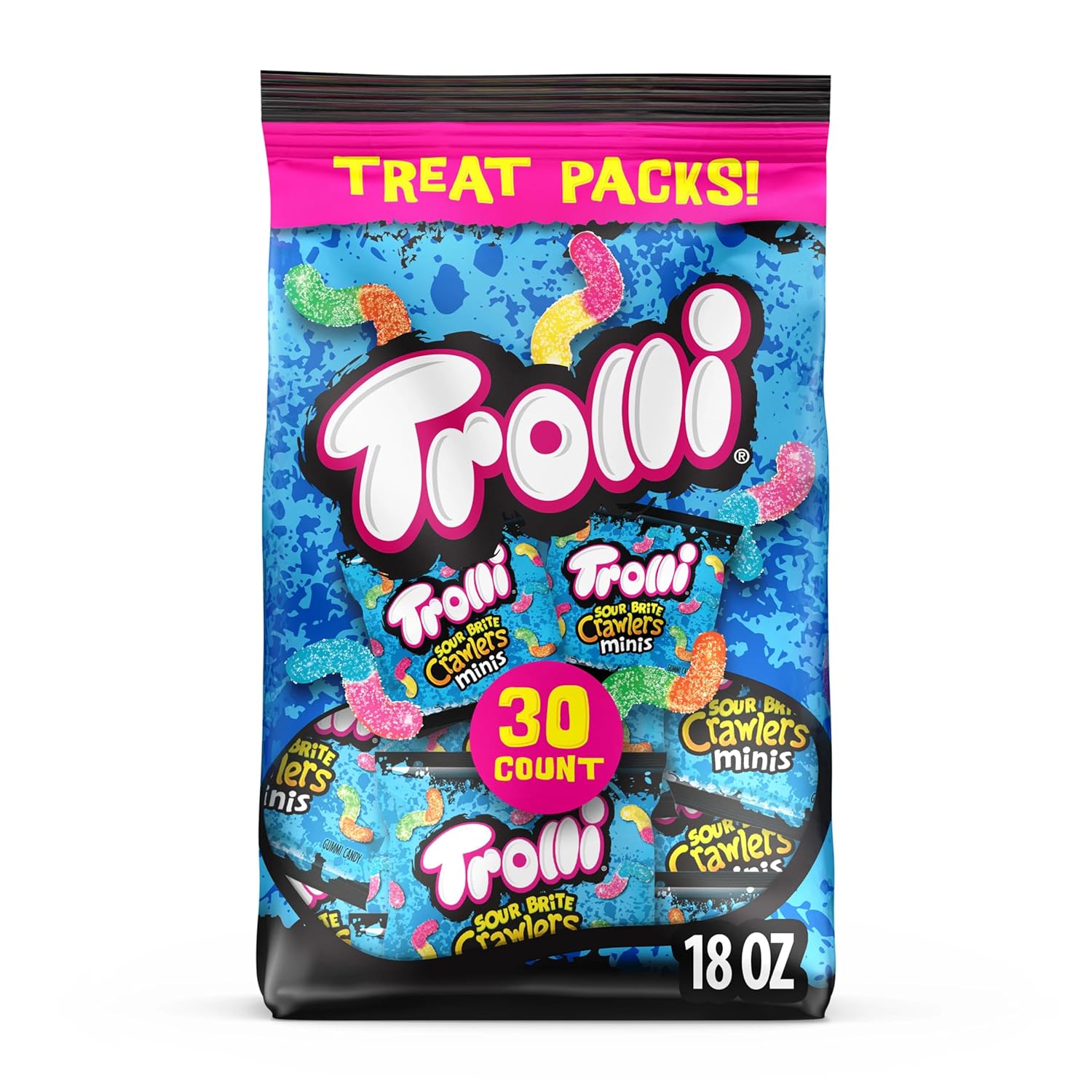 Trolli Mini Sour Brite Crawlers Candy, Cherry-Lemon, Strawberry-Grape & Orange-Lime, Sweet and Sour, Gummy Worms, 18 oz (30 ct)