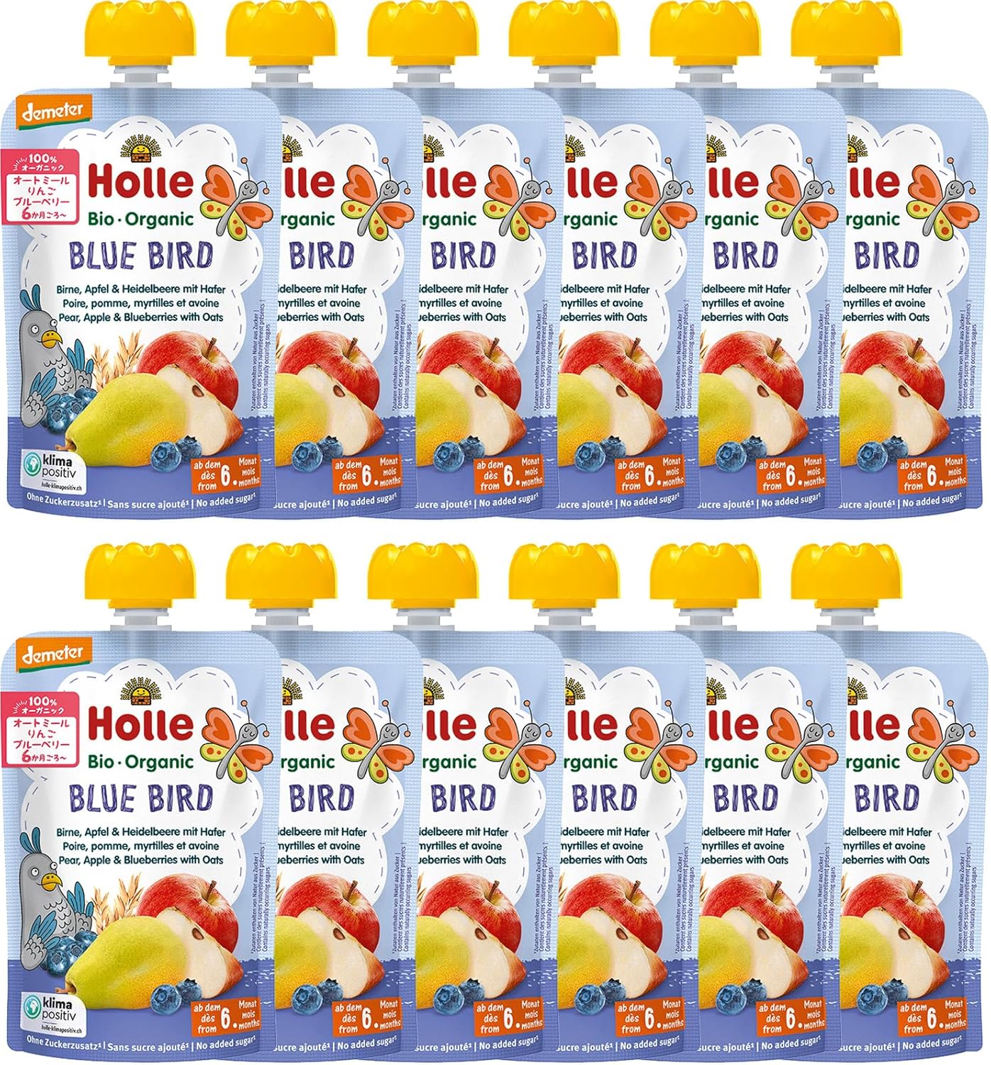 Holle Blue Bird - Pouch pear, apple & blueberries with oats, pack of 12