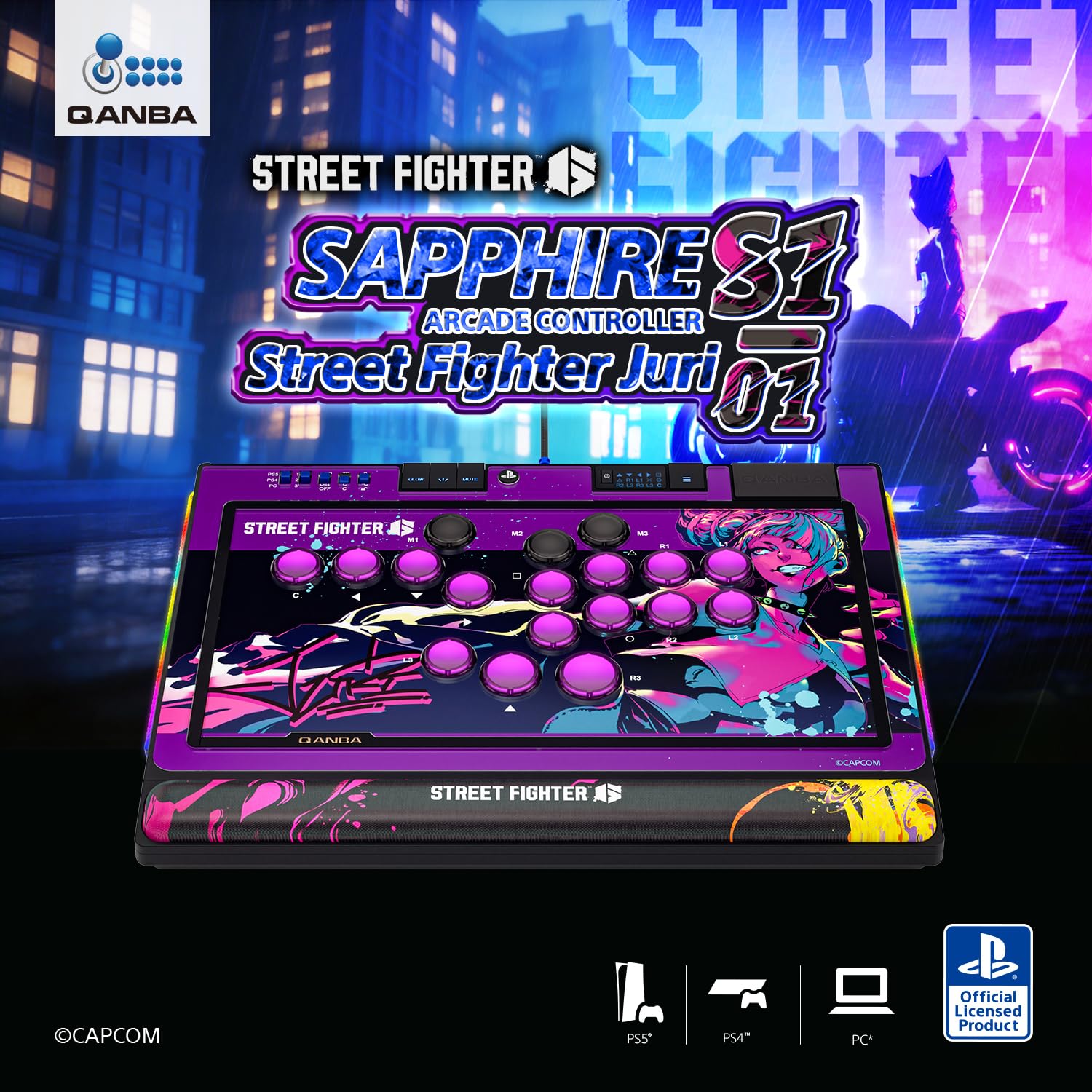 Qanba Sapphire S1 Street Fighter 6 Juri Edition Leverless Arcade Controller Joystick for PlayStation 5 and PlayStation 4 and PC (Fighting Stick) Officially Licensed Sony Product，Detachable Joystick，Tournament Grade for Fighting Games,18 Adjustable Buttons, Detachable Wrist Rest