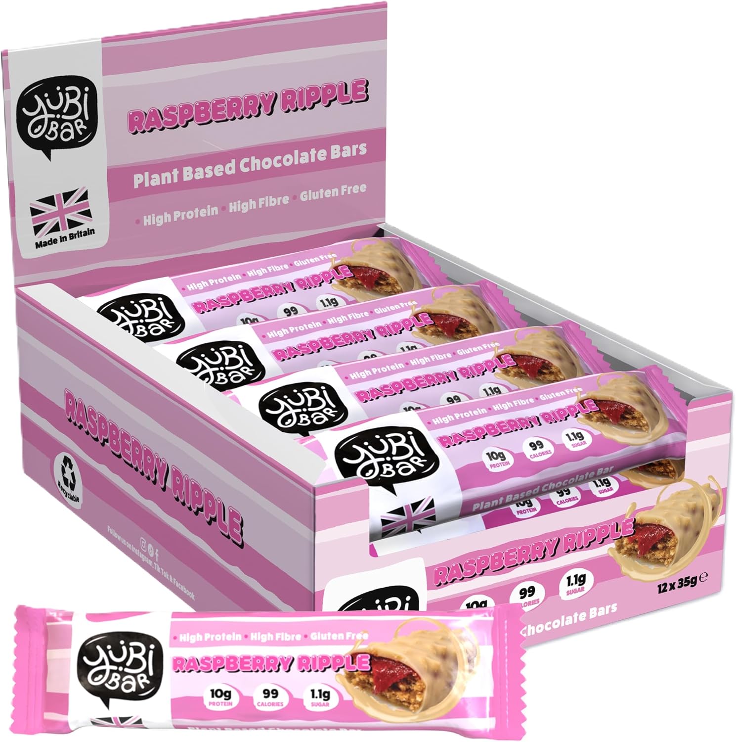 Yubi Bar – Raspberry Ripple Protein Bars, 12 x 35g | 99 Calories, High Protein, Low Sugar, High Fibre, Gluten Free and Dairy Free, Healthy Snacks/Nutrition Bar