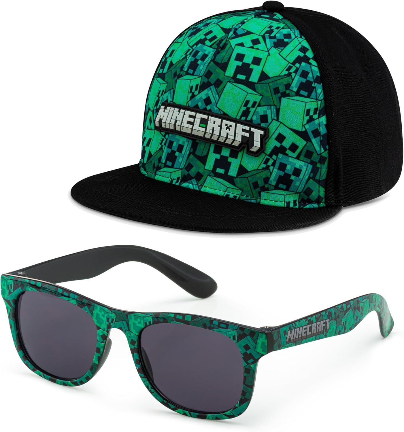 Minecraft Boys' Baseball Cap and Sunglasses Set – Kids Creeper Hat with 100% UV Protection Shades – Officially Licensed Gaming Accessories – Adjustable Cap for Outdoor, Travel & Summer Wear Green