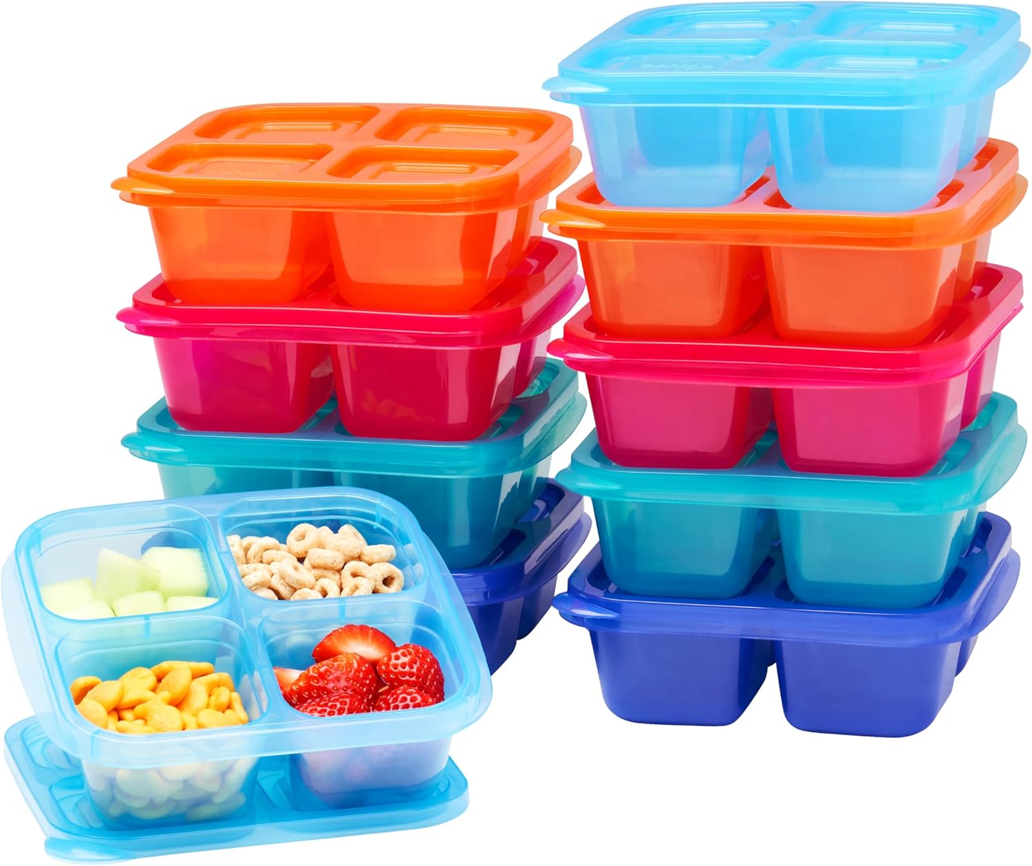Bentgo Easyboxes 4-Compartment Snack Containers - 20-Piece Set with 10 Trays & 10 Custom-Fit Lids to Seal in Freshness - Reusable Food Storage & Meal Prep Bento BPA-Free Containers (Jewel Brights)