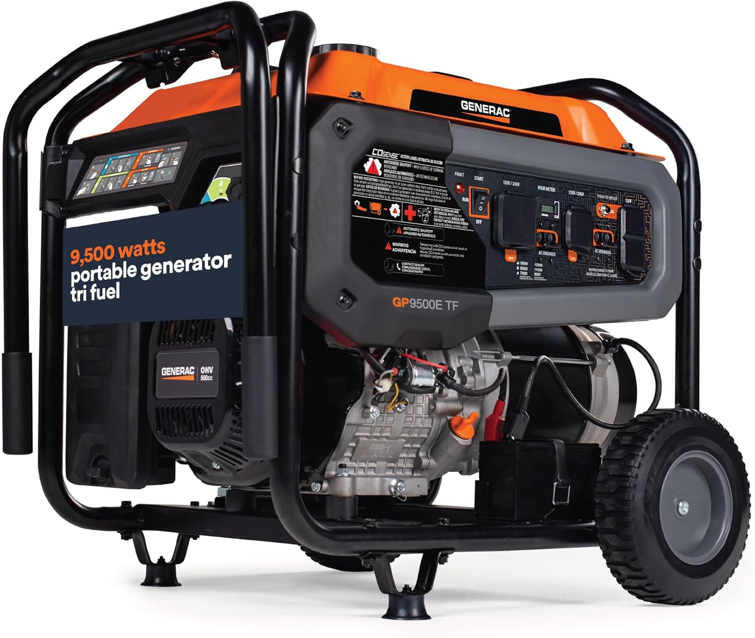 Generac 12,500/9,500-Watt Tri-Fuel Portable Generator - Electric Start - Gas, Propane or Natural Gas - Home Backup, Jobsite, or RV - Quiet Operation - Long Runtime - 49-State Compliant