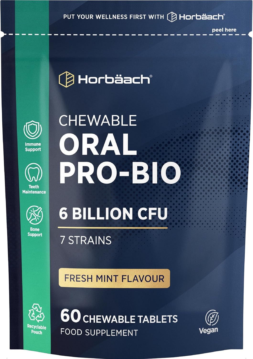 Oral ProBio for Mouth 6 Billion CFU | Advanced Dental Biotics for Adults | 7 Strains Including Lactobacillus Reuteri | 60 Vegan Chewable Tablets | Mint Flavour | by Horbaach