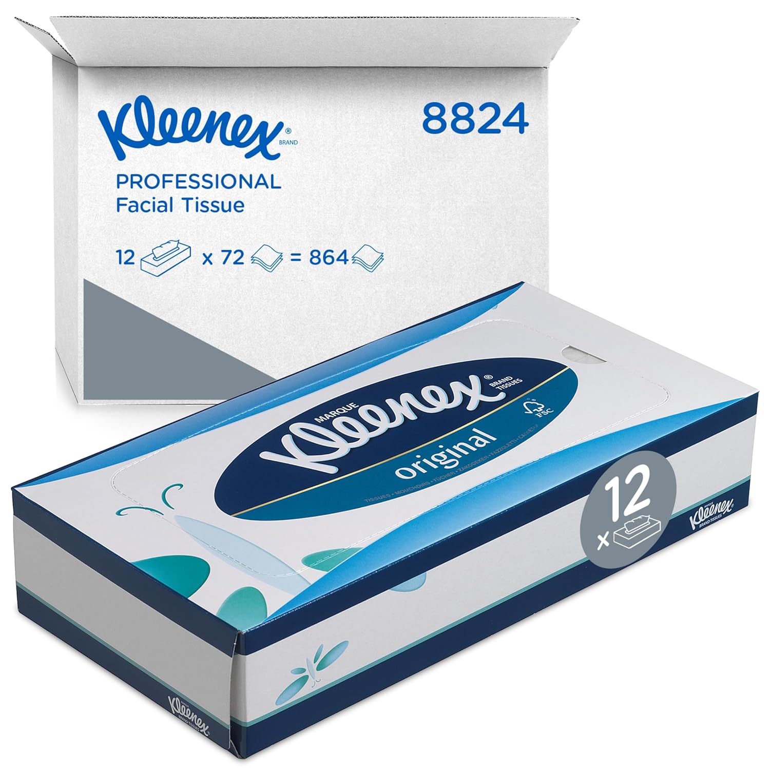 Kleenex Facial Tissue Box 8824 3-Ply White Tissues, Soft, Strong & Absorbent, Fragrance-Free, FSC Certified, for Office & Home Use, 12 Boxes x 72 Sheets (864 Tissues Total)
