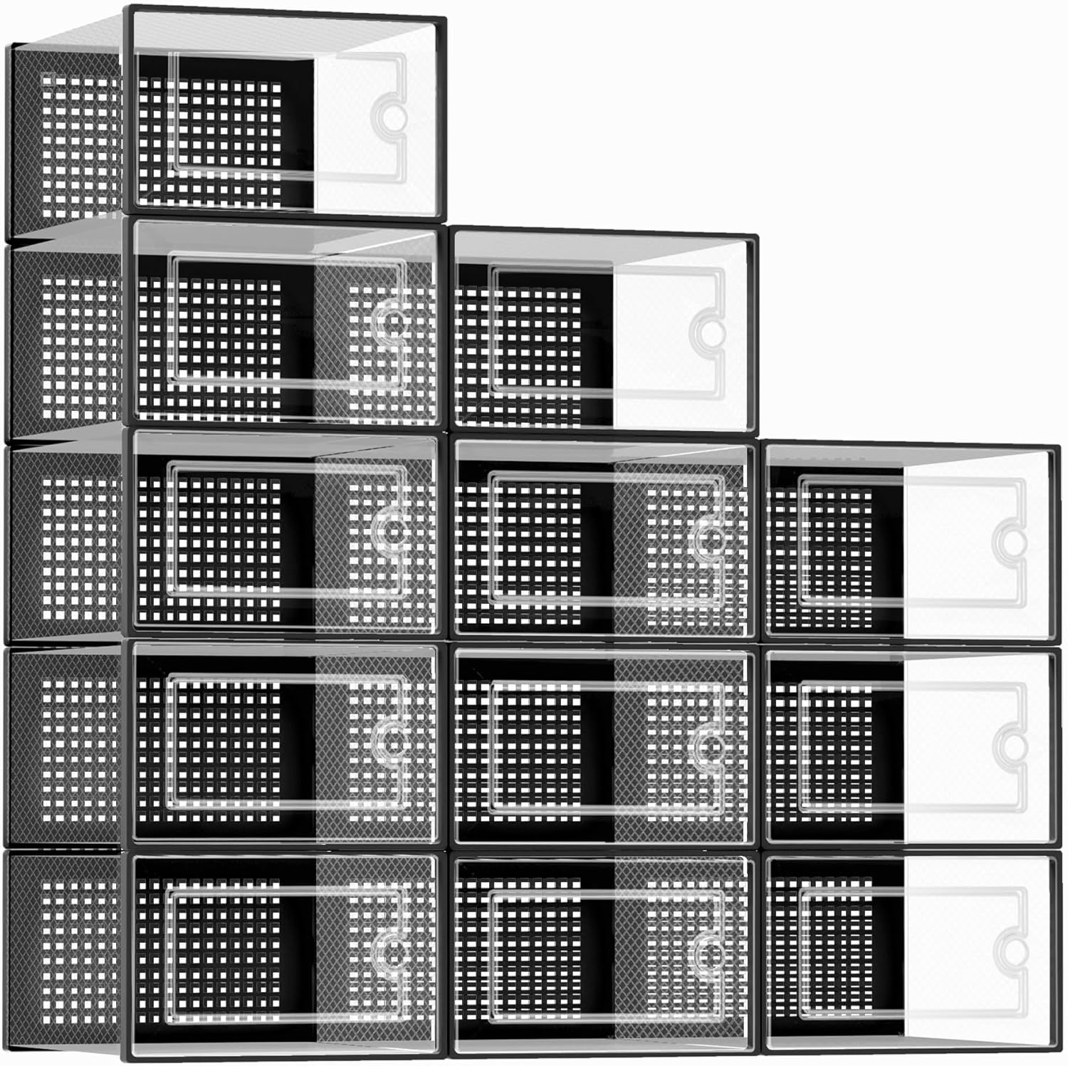 Kuject X-Large Shoe Storage Boxes 12 Pack, Clear Stackable Shoe Organizer | Shoe Case for Closet, Entryway & Under-Bed Storage, Drop-Front Design, Space-Saving Solution for Family Organization,Black