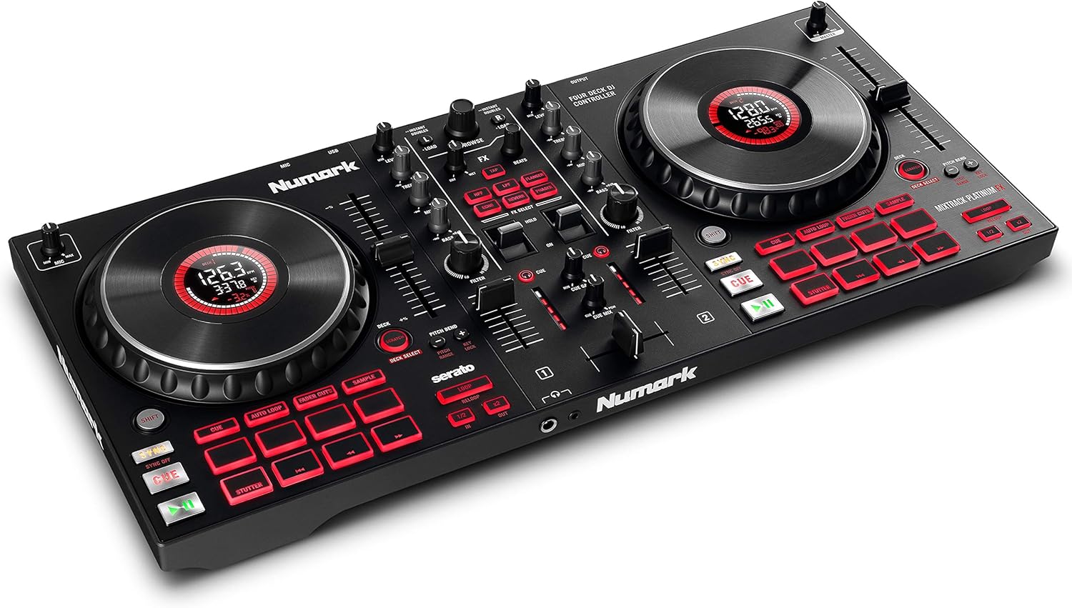 Numark Mixtrack Platinum FX - 4 Deck DJ Controller with DJ Mixer, Built-in Audio Interface, Jog Wheel Displays and FX Paddles