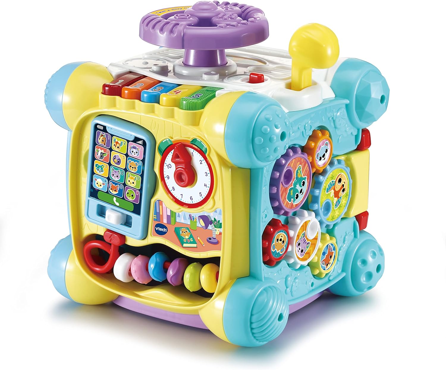 VTech Baby Twist & Play Cube, Interactive Baby Toy with Steering Wheel, Sensory Shape Sorter, Music & Lights, Gift for Infants, 9, 12, 18 months +, English Version