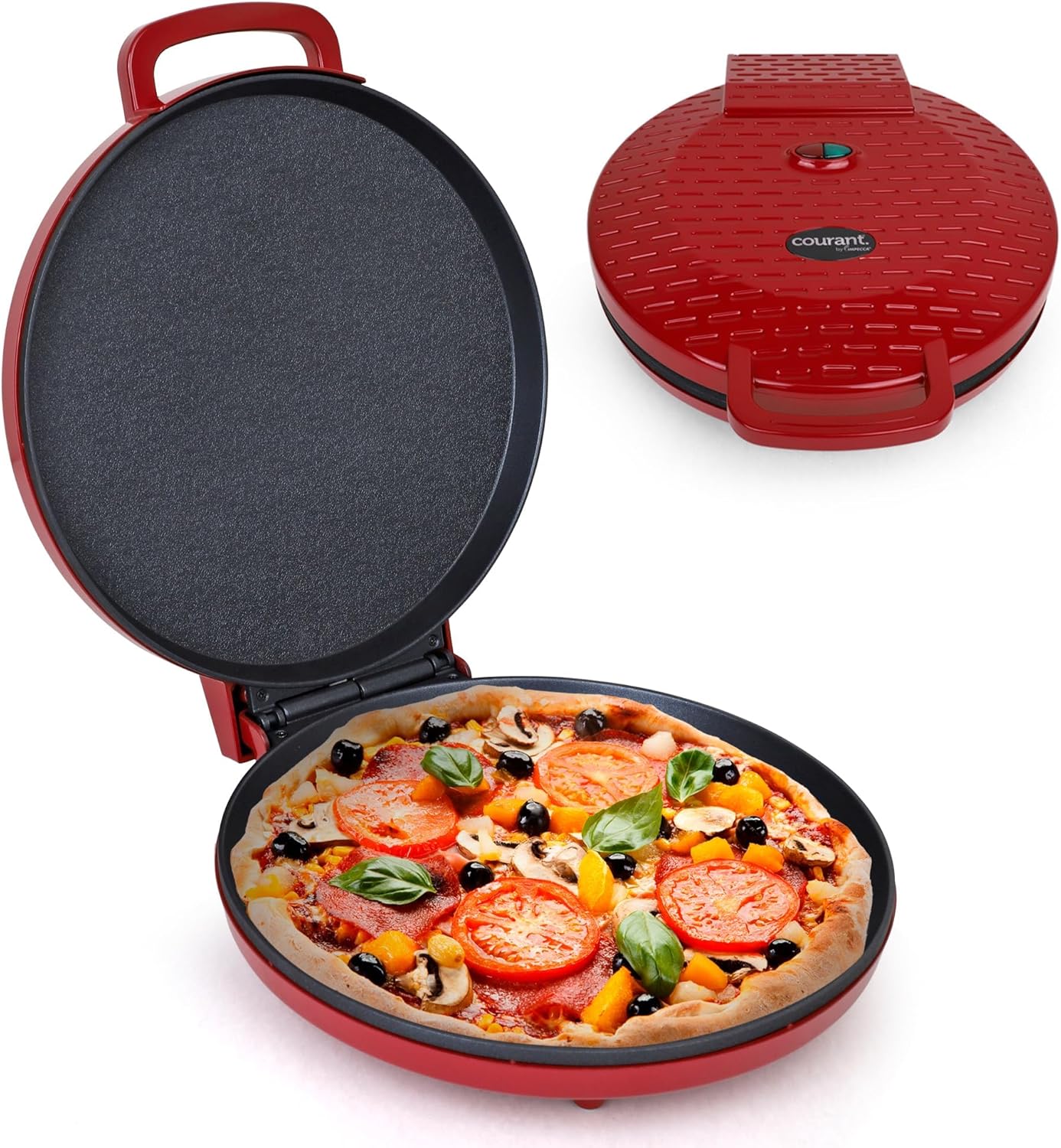 Courant Pizza Maker 12 inch Pizzas Machine, Newly improved Cool-touch Handle Non-Stick plates Pizza oven & CalzoneMaker, Electric Countertop Oven for Home or School, 12” Indoor Grill/Griddle, Red