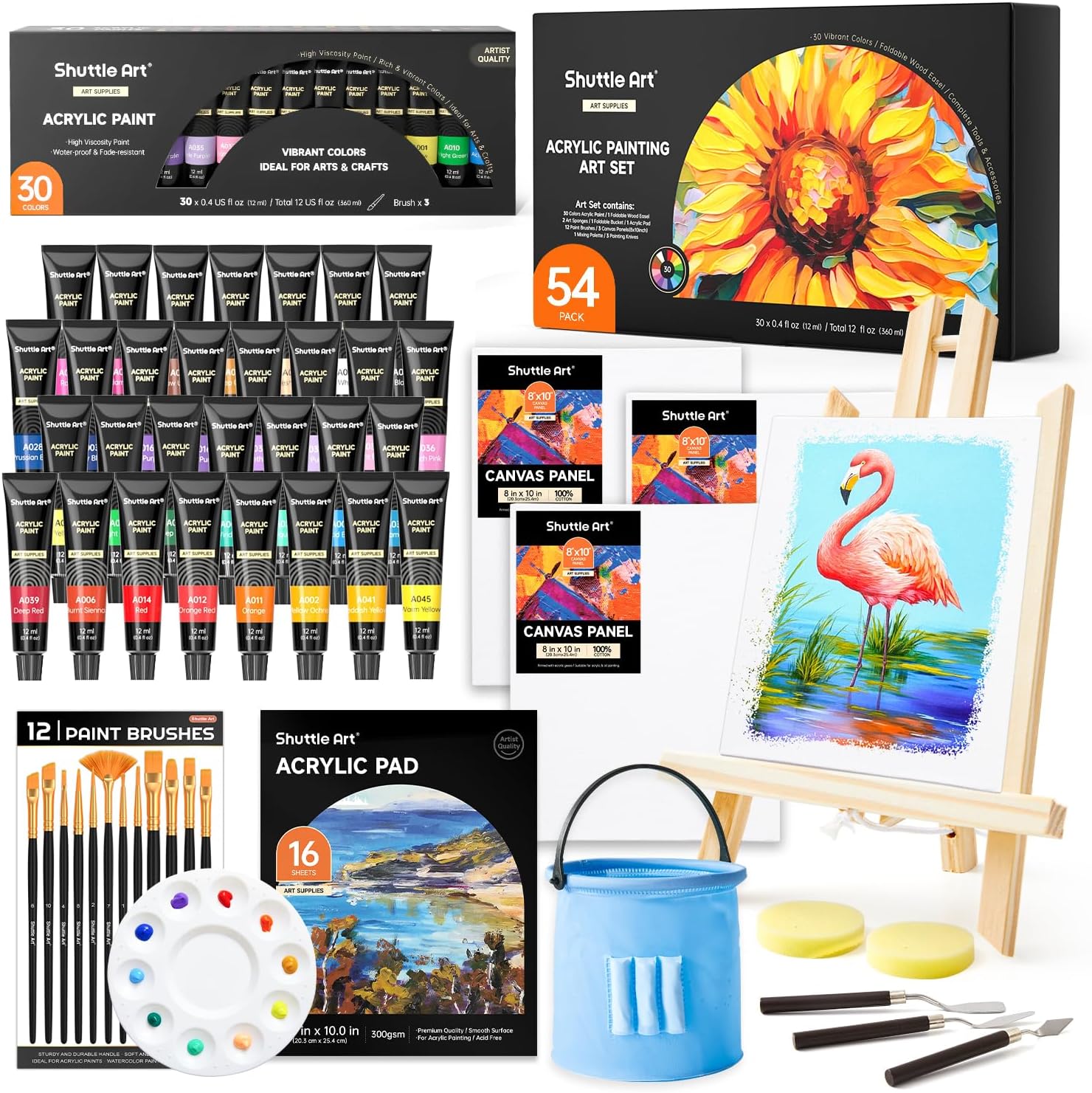 Shuttle Art 54 Pack Acrylic Paint Set, Acrylic Painting Set with 30 Colours Acrylic Paint, Wooden Table Easel, Blank Canvas, Paint Brushes, Palette, Art Painting Set for Kids Adults Beginner Artists