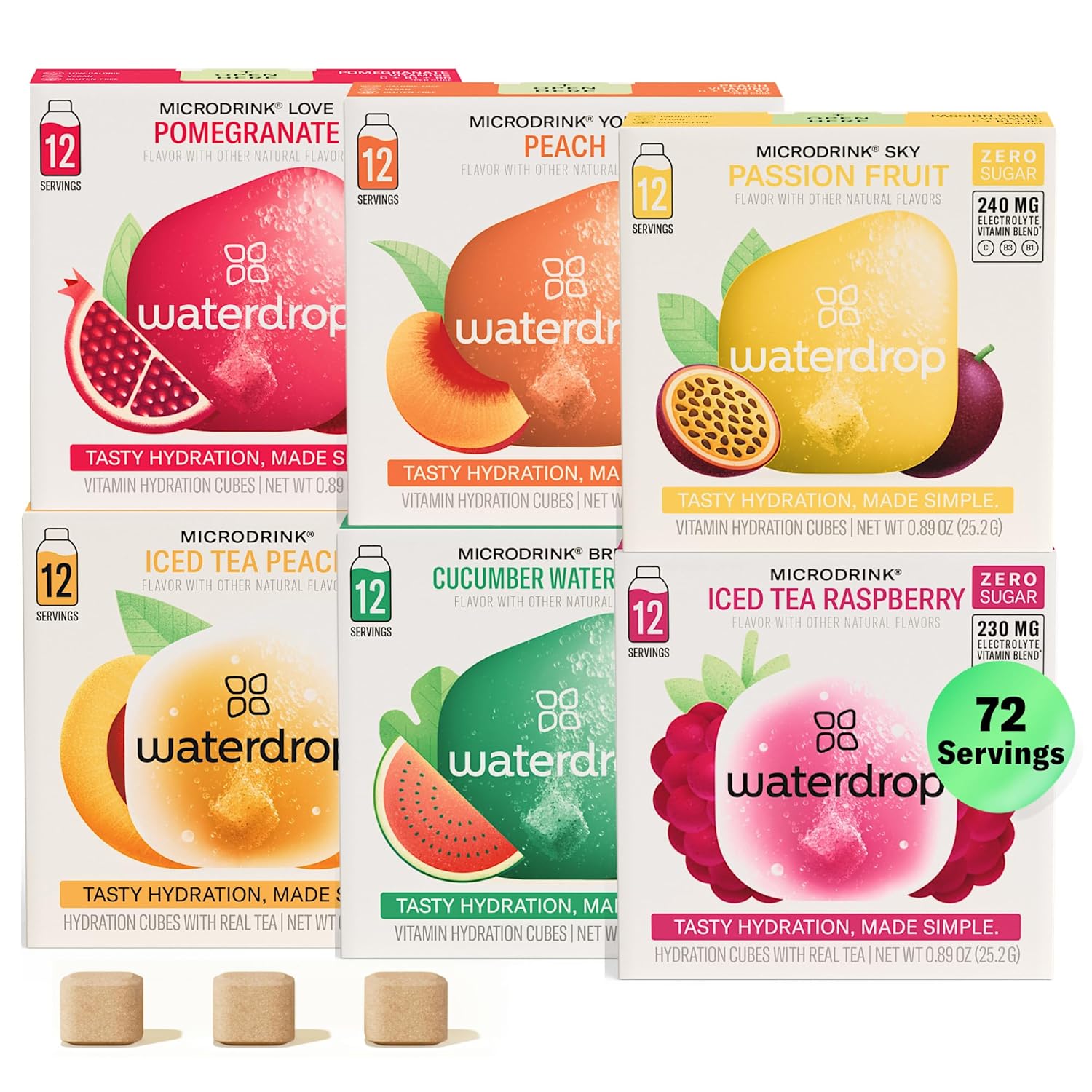 Waterdrop Hydration Cubes With Vitamin C, B Vitamins and Electrolytes, 6 Flavor Electrolyte Variety Pack, Flavored Water Enhancer Cubes for Still & Sparkling Water, Low Calorie, Sugar Free, 72 Count