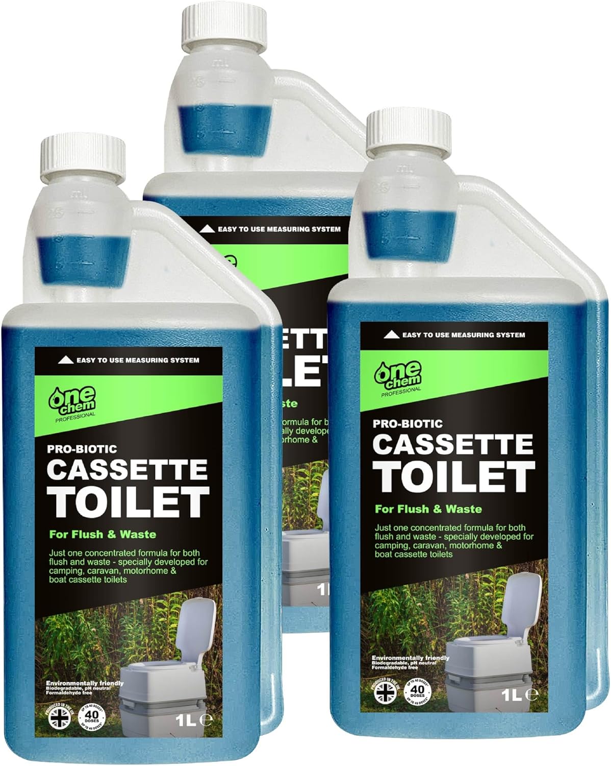One Chem Professional Probiotic Cassette Toilet 3 x 1 Litre Concentrate, Up to 40 Doses, 2 in 1 Blue Fluid, Flush and Waste