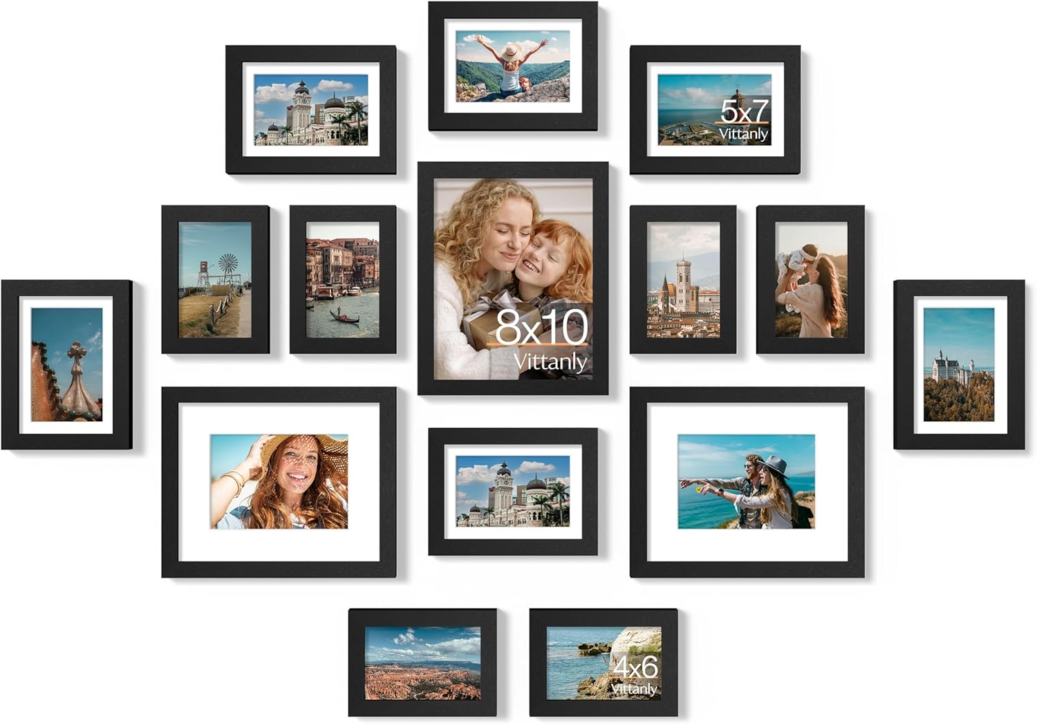 Vittanly 15 Pack Picture Frames Collage Wall Decor for Mounting or Tabletop Display, Gallery Frame Set for Family, Multi Sizes Including 3pcs 8x10, 6pcs 5x7, 6pcs 4x6, Black