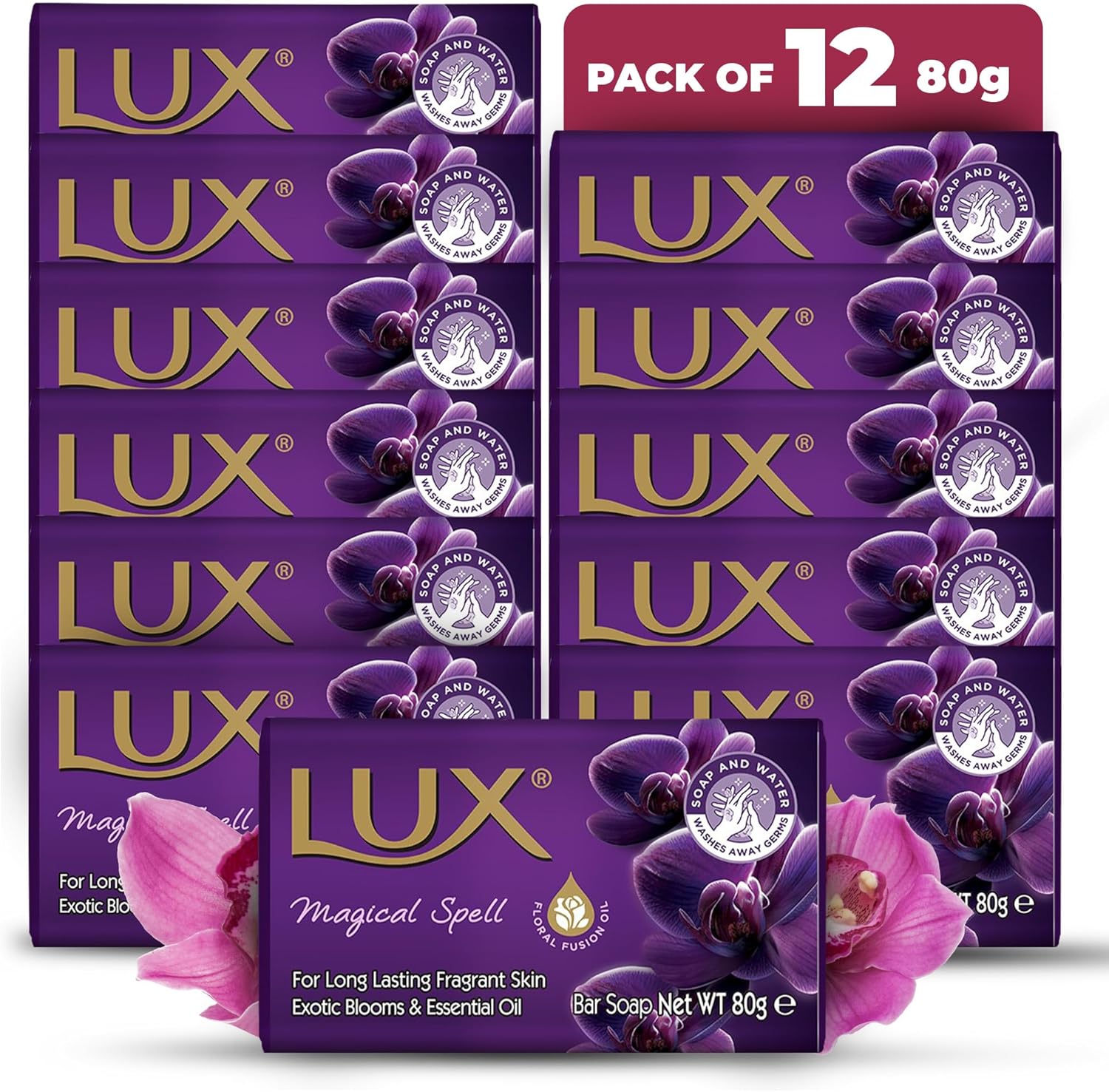 LUX Purple Magical Beauty Soap Bar - Indulgent Skincare for Face, Hands & Body - Enriched for Smooth, Radiant Skin - Gentle Daily Bath & Shower Soap w/Fresh Fragrance - Men & Women - 80g x 12