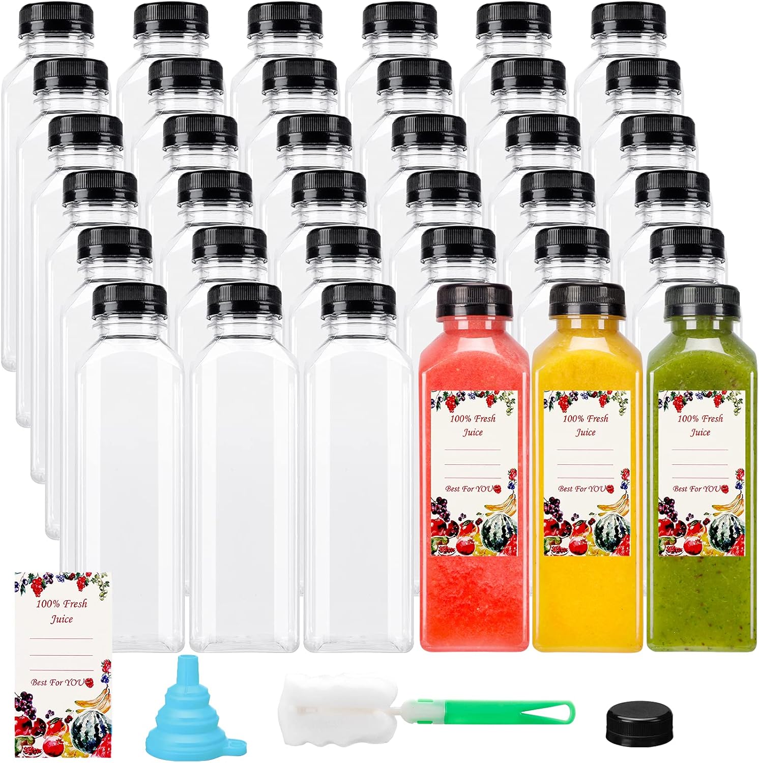 SUPERLELE 36pcs 12oz Plastic Juice Bottles with Caps, Reusable Juicing Bottles, Clear Drink Containers with Lids for Drinking, Smoothie and Other Beverages