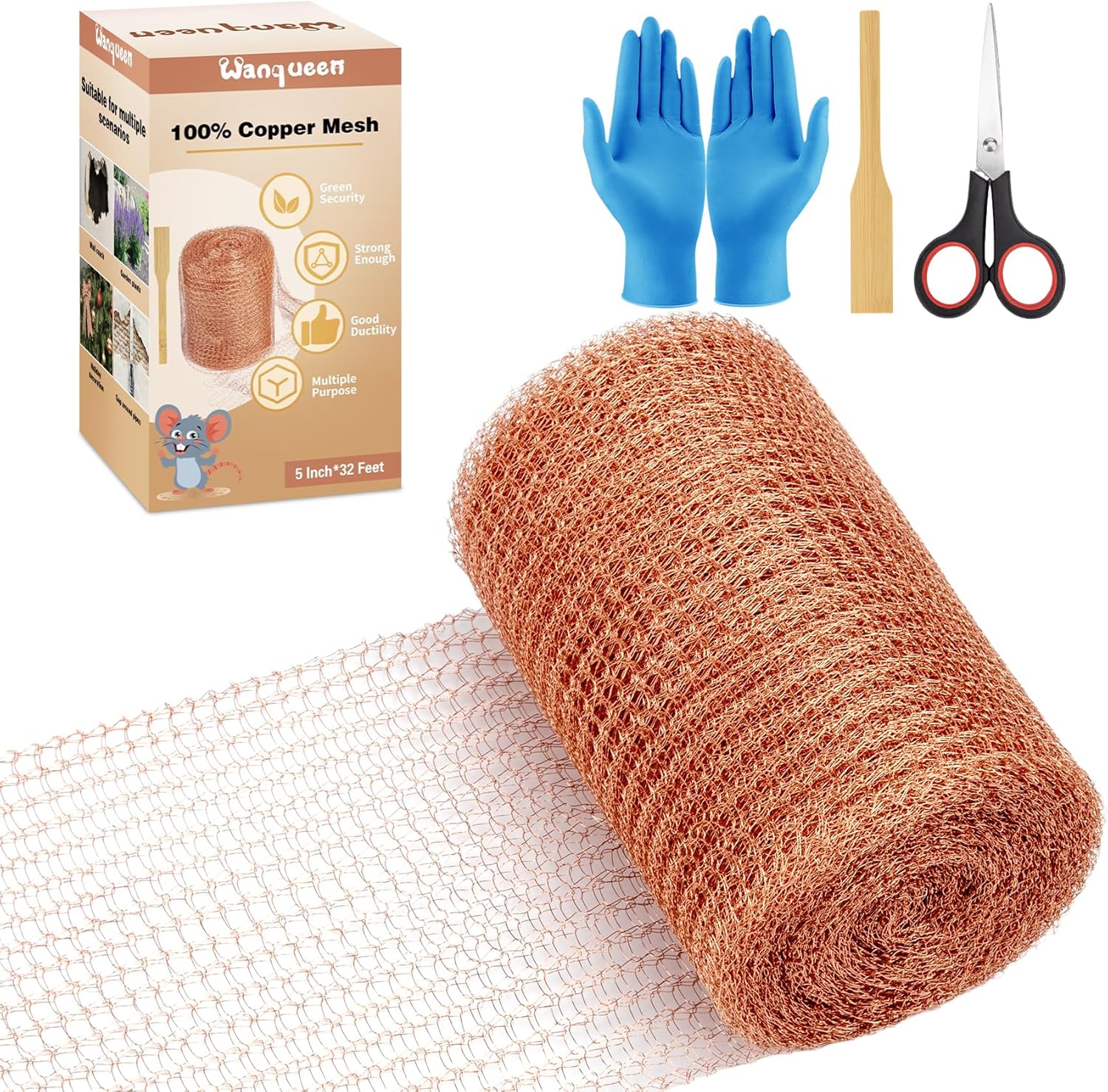 Wanqueen Copper Mesh Roll for Mice Rodent Rat, Sturdy 5 * 32Ft Copper Wool Mouse Trap Hole Filler for Bat Snail Bird Control with Packing Tool