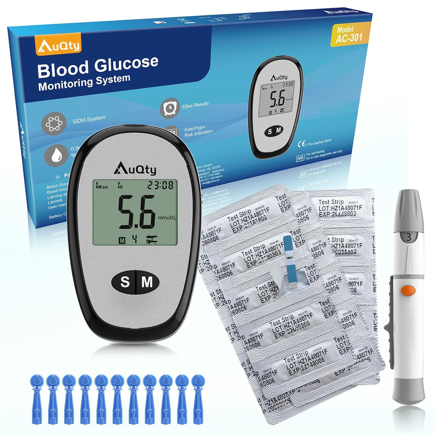 AuQty Blood Glucose Meter With Individually wrapped Blood Glucose Test Strips Blood Sugar Monitor With Hypo & Ketone Warning Glucometer -in mmol/L