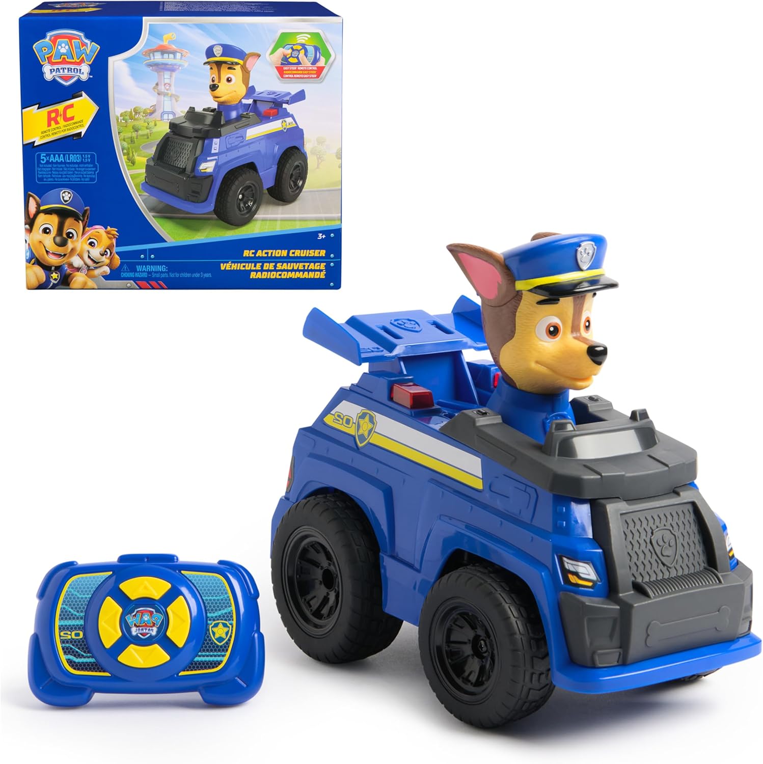 PAW Patrol Chase RC Action Cruiser, Remote Control Car with LED Lights & Easy-Steer Controller, Pretend Play Kids Toys for Boys & Girls Ages 3 and Up