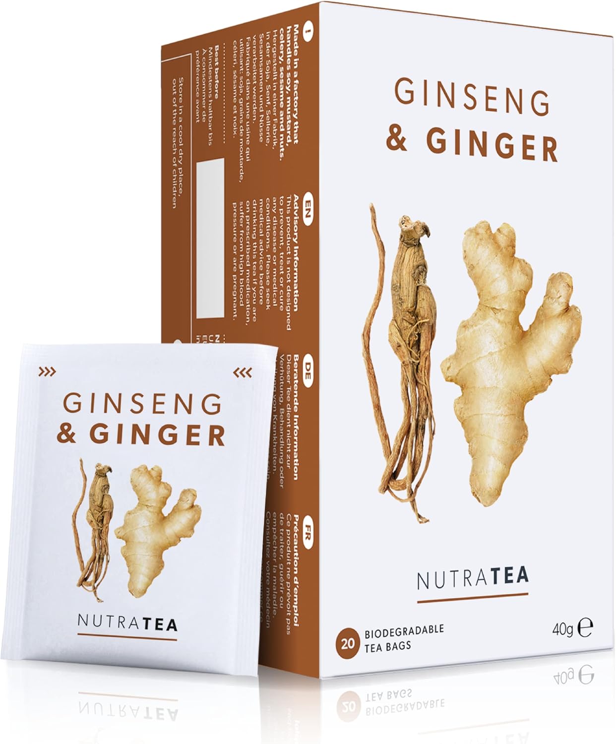 Nutra Tea - Ginger & Ginseng Tea - 20 Enveloped Tea Bags - Herbal Infusion (1 Pack)