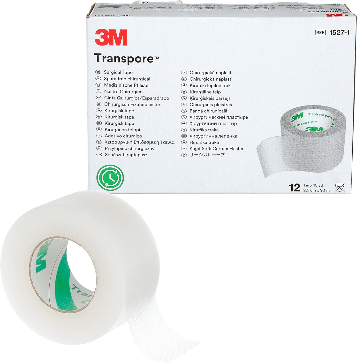 3M™ Transpore™ Surgical Tape 1527-1, 1 inch x 10 yard (2,5cm x 9,1m), 12 rolls/box