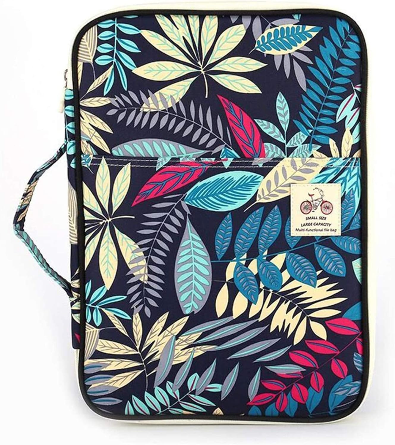 JAKAGO A4 Portfolio Conference Folder Waterproof Business Document Case Passport Holder Ipad Sleeve with Zip and Handles for Travel Meeting Office Holiday (Dark Blue Leaf)