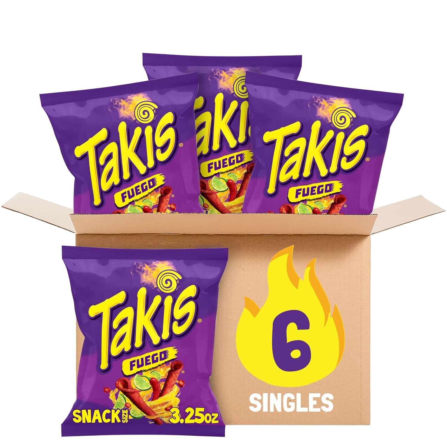 Takis Fuego 6 pc / 3.25 oz Snack Size Case, Hot Chili Pepper & Lime Flavored Extreme Spicy Rolled Tortilla Chips