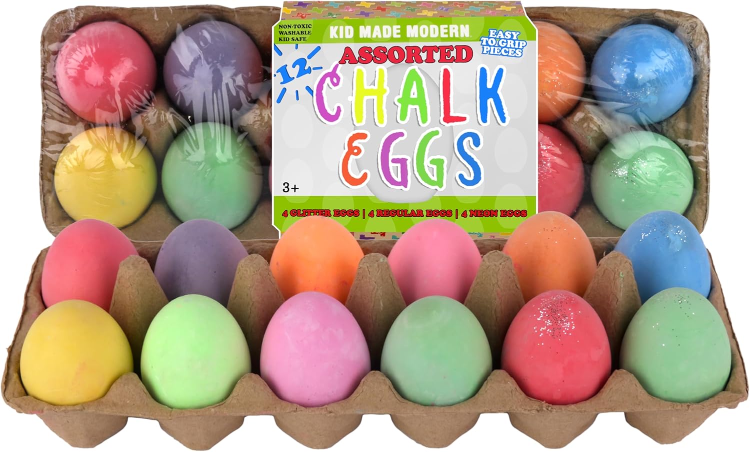 Kid Made Modern Glitter Egg Chalk - Set of 12 Assorted Vibrant Egg-Shaped Chalks for Kids - Non-Toxic, Washable, Dust-Free & Mess-Free - Fun Crafting & Drawing for Kids Ages 3+ and Beyond