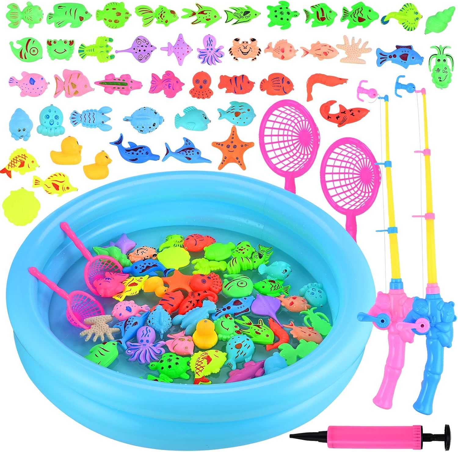 GOLDGE Magnetic Fishing Toys, 52 PCS Fishing Game Set for Kids with Inflatable Pool, 2 Pole Rods, 2 Nets, 46 Plastic Floating Fish and Mini Inflator, Toddler Educational Bath Toy Play Set