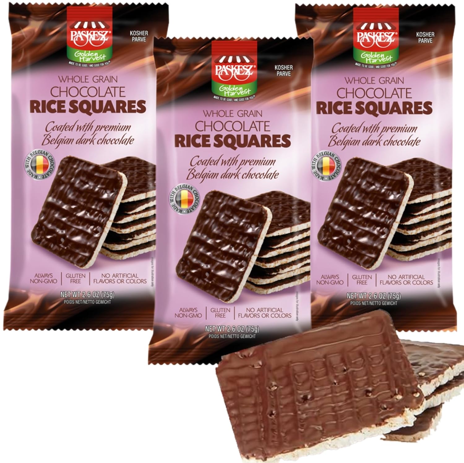 Chocolate Covered Rice Cakes Squares, Whole Grain, Dairy Free, Gluten Free, Kosher, Low Calorie Snacks, 2.6 oz, Pack of 3