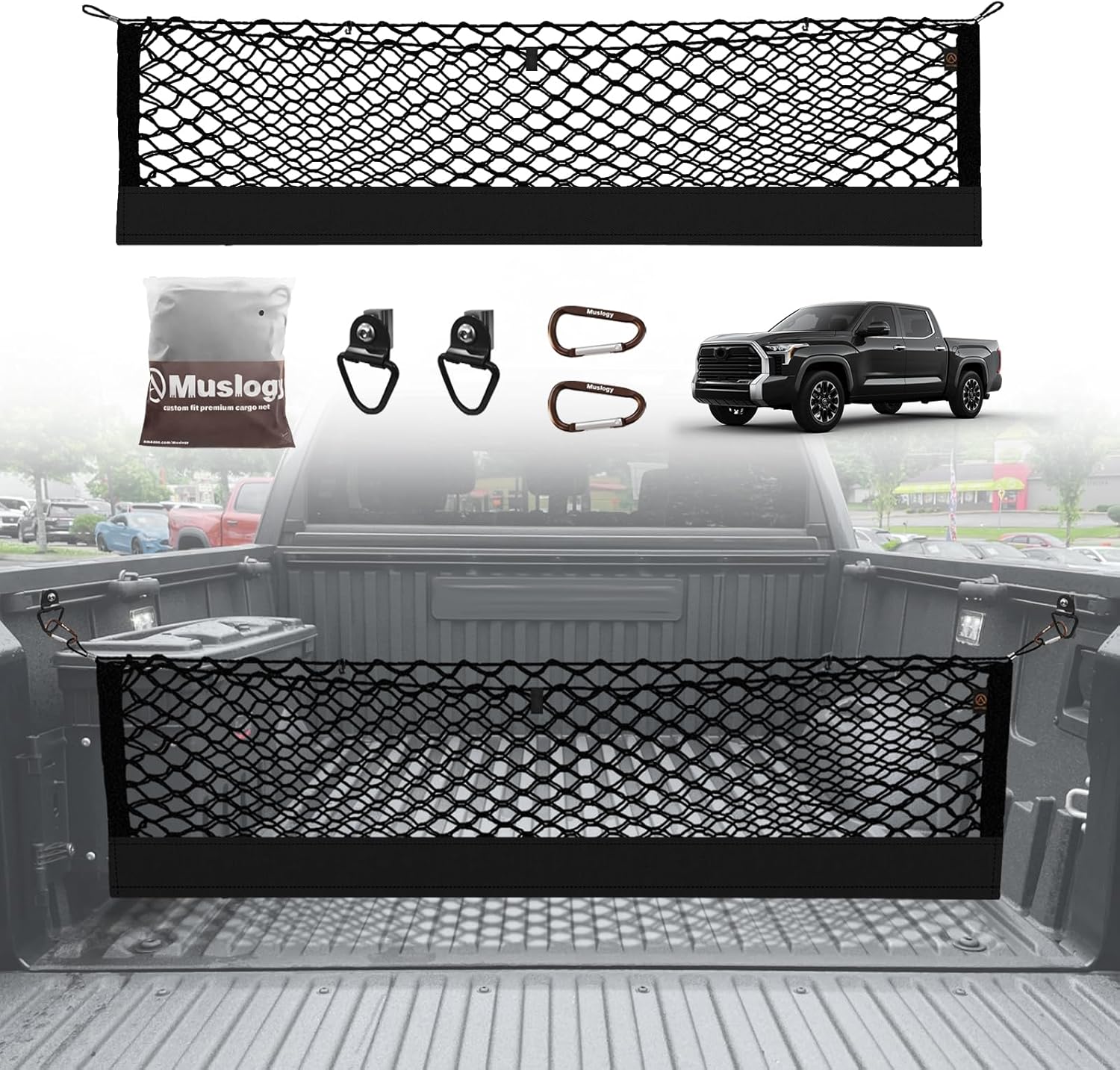 Muslogy Truck Bed Cargo Net Compatible with Toyota Tundra 2007-2024 2025 Accessories Storage Organizer Pickup Truck Bed Envelope Style Cargo Net with Heavy Duty Carabiners