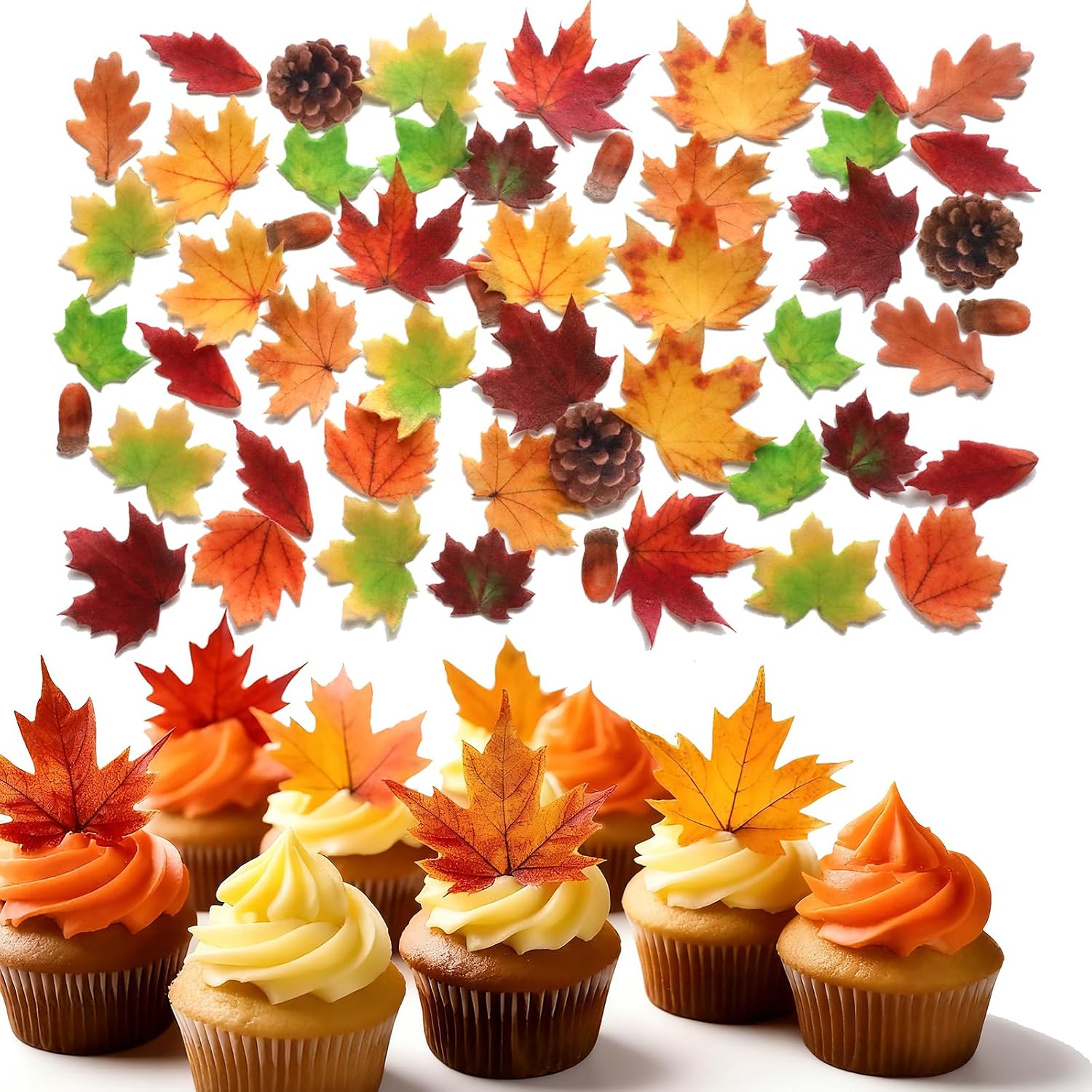 50 Pcs Edible Cake Decorations Cupcake Toppers Fall Maple Leaves Pine Cones
