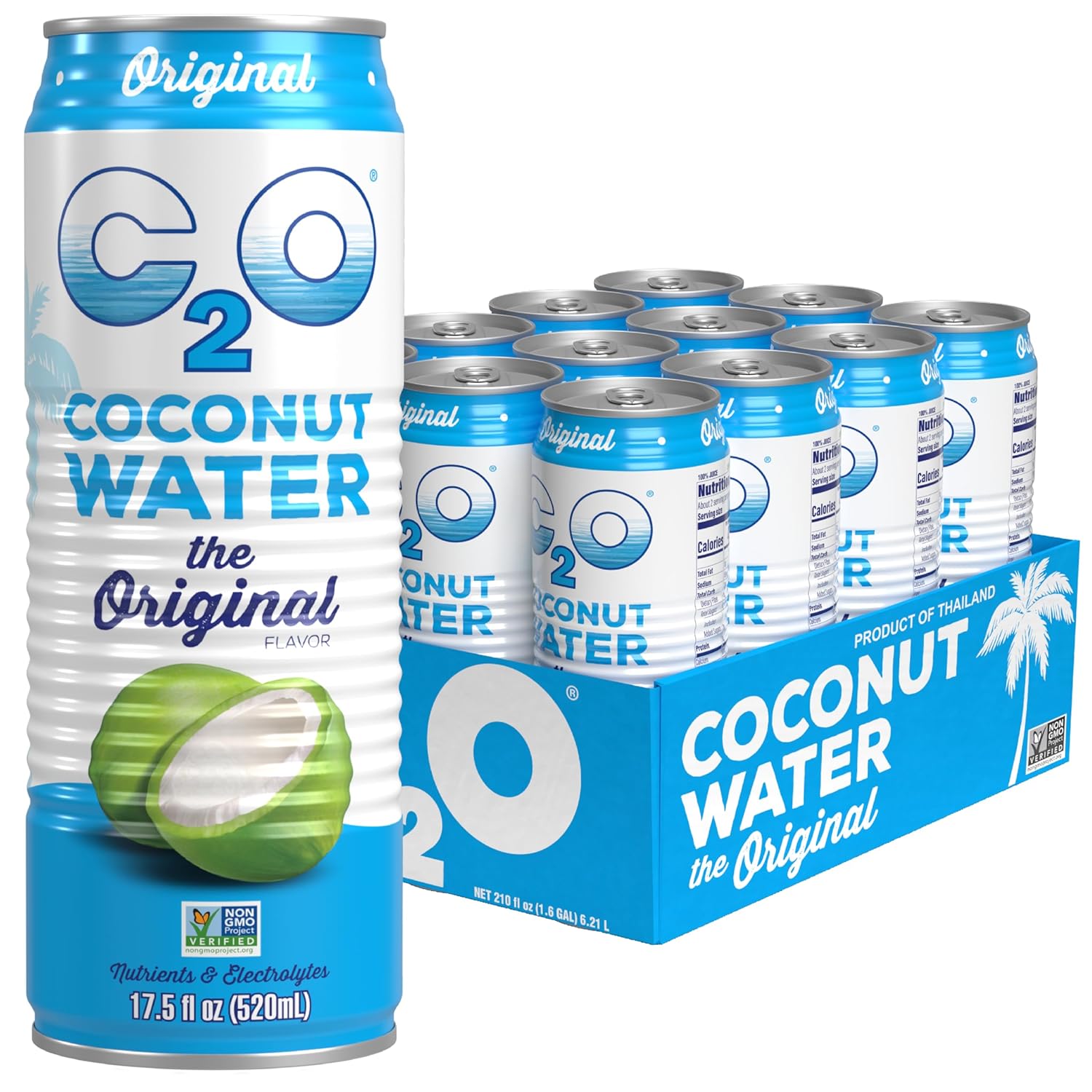 C2O - Coconut Water, The Original Flavor (12 Pack) - Made with Fresh Coconut Water, Plant Based - Non GMO Canned Water - Natural Hydration, Essential Electrolytes, & Potassium - 12 Cans, 17.5 FL OZ