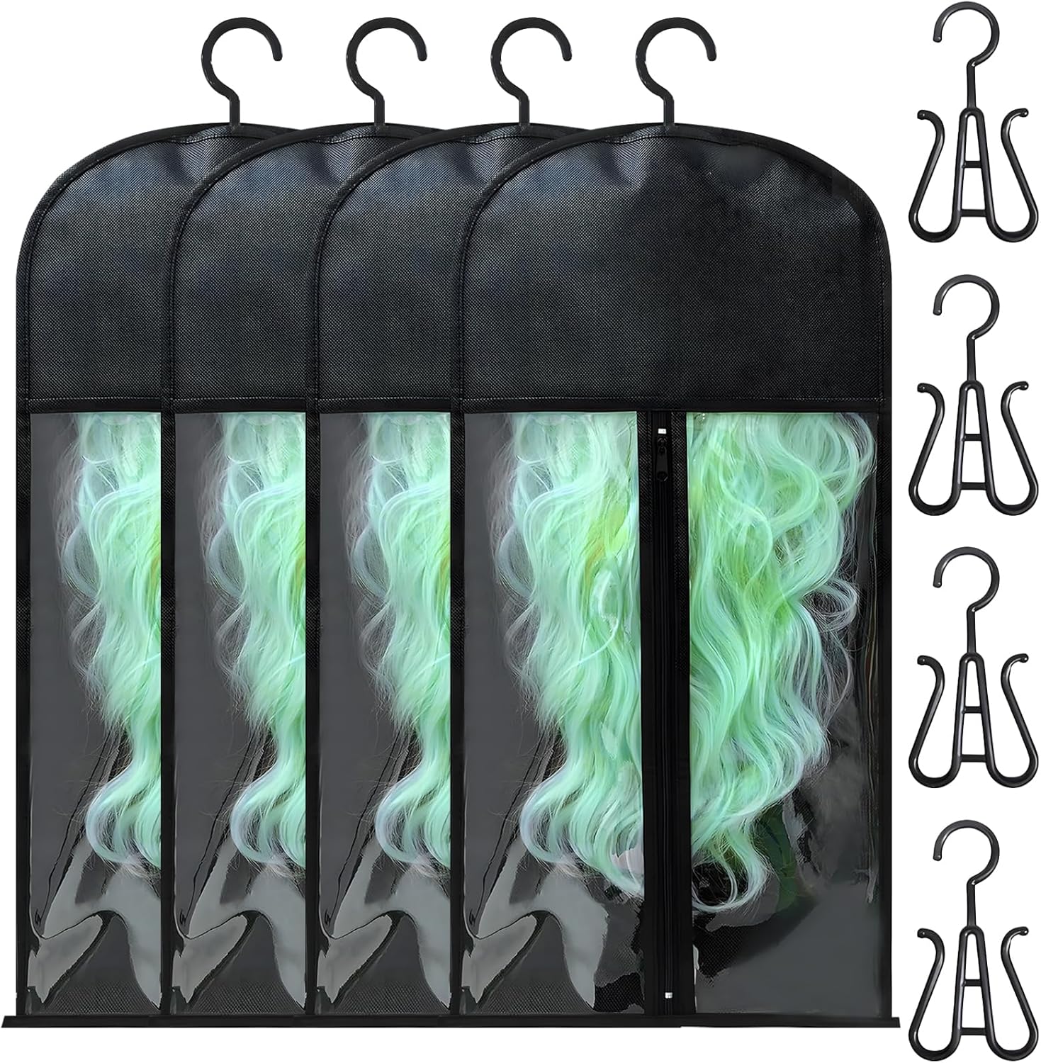 Hair Extension Holder, Wig Stand, 4 PCS Wig Storage Bags with Hooks, Portable Dust-proof Hair Accessory Storage for Hair Extension Clips Hair Bundles Wigs (Black)