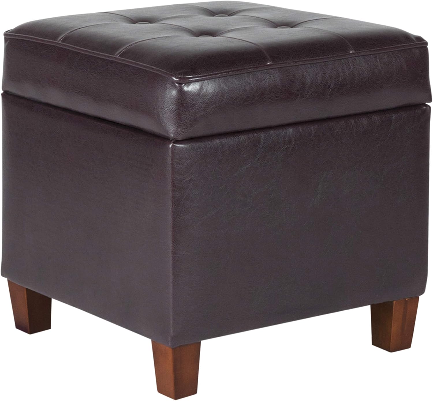 HomePop Leatherette Tufted Square Storage Ottoman with Hinged Lid, Brown Small