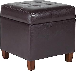 HomePop Leatherette Tufted Square Storage Ottoman with Hinged Lid, Brown Small