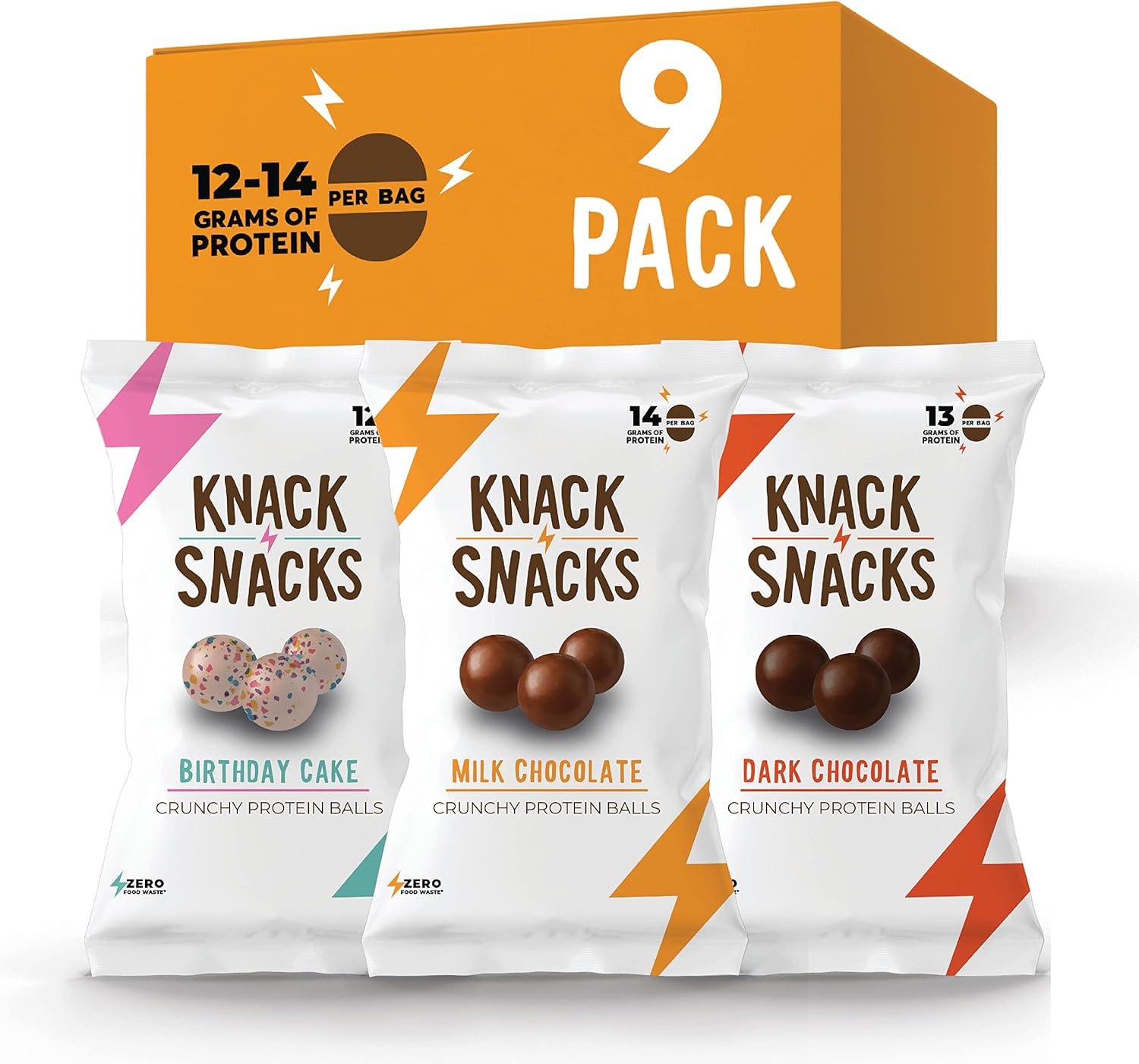Knack Snacks | Crunchy Protein Balls - Variety Pack (9x 34 gram Bags) | High Protein Snack, Gluten Free Low Sugar, Protein Bar