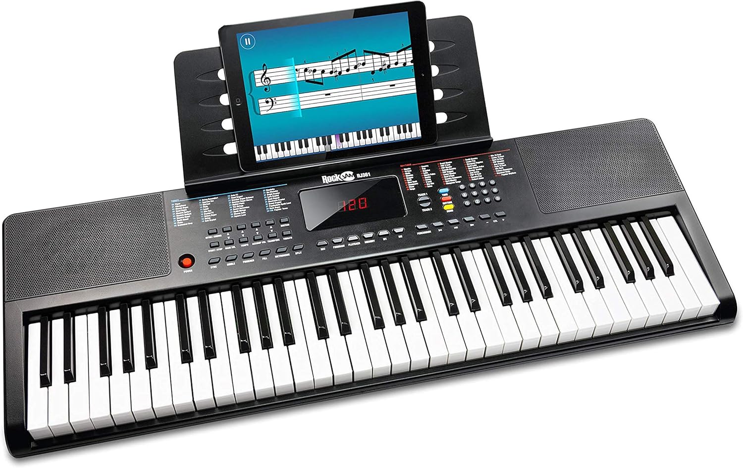 RockJam 61-Key Compact Keyboard with Sheet Music Stand, Power Supply, Piano Note Stickers and Simply Piano Lessons