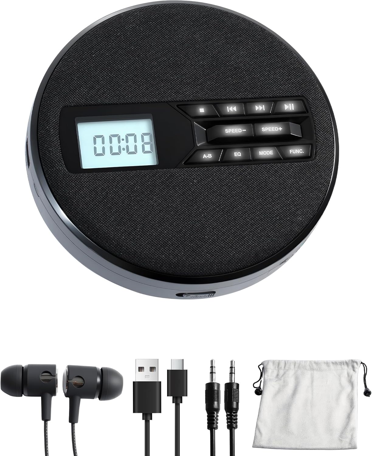 CD Player Portable with Speakers - Rechargeable Personal CD Player for Car and Home, Small Fabric Music Player with Backlit Display, Anti-Skip, AUX/USB Port - Ideal for Audiobooks & Gifts