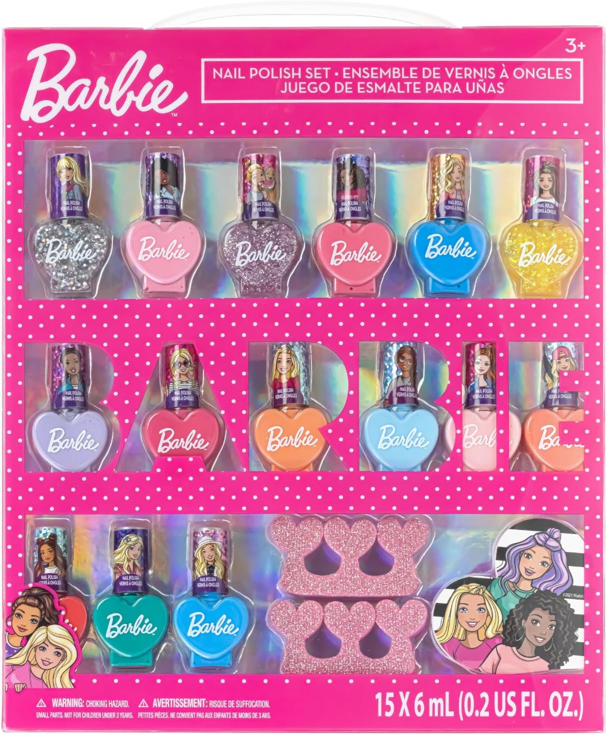 Barbie Movie 18 Piece Set Kids Water-Based Nail Polish Makeup Set, Includes 15 Nail Polishes with 2 Toe Spacer and 1 Nail File for Girls Ages 3+, by Townley Girl
