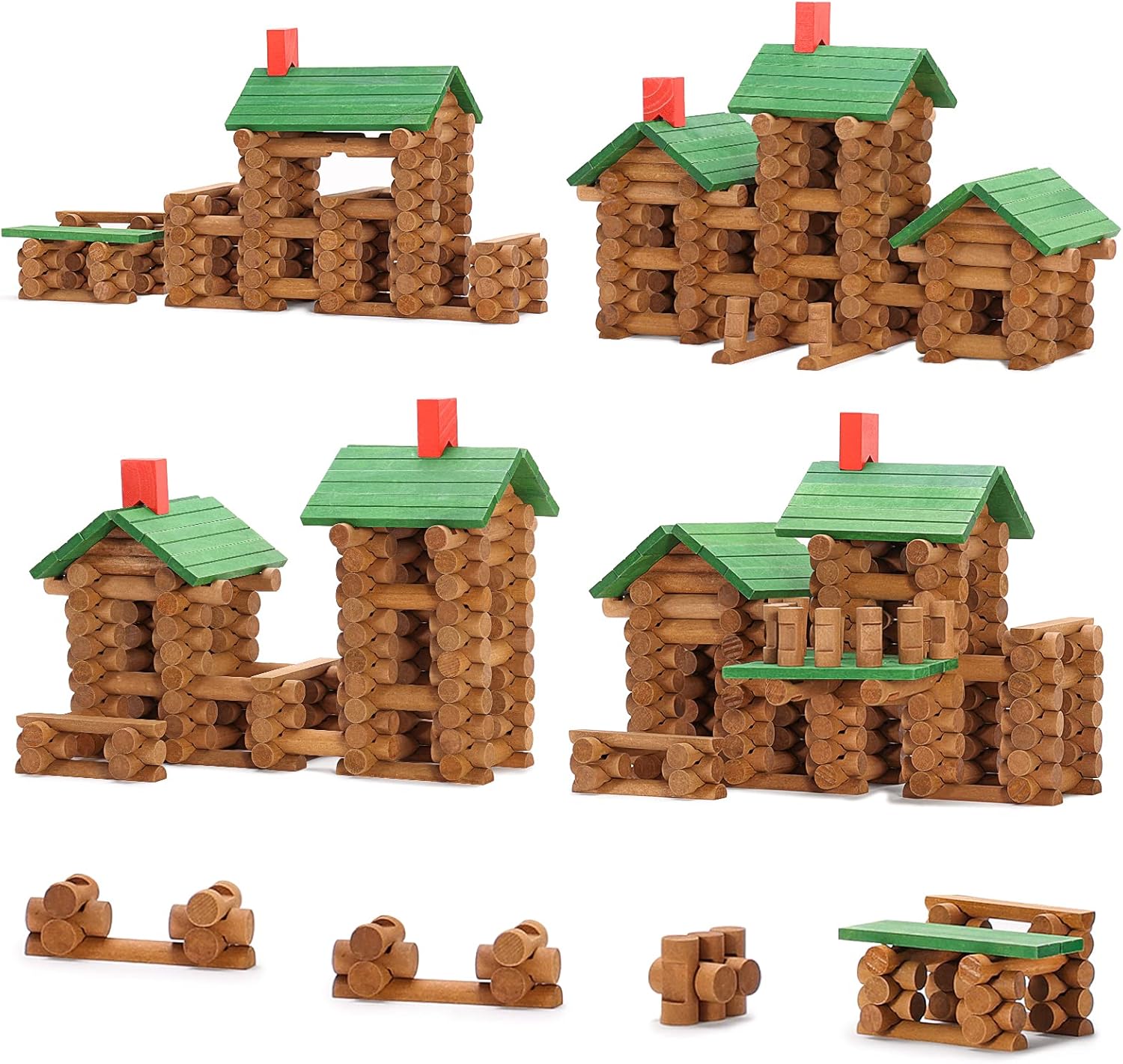 SainSmart Jr. 665 PCS Wooden Log Cabin Set Building House Toy for Toddlers, Classical STEM Construction Kit Compatible with Lincoln Logs for 3+ Kids