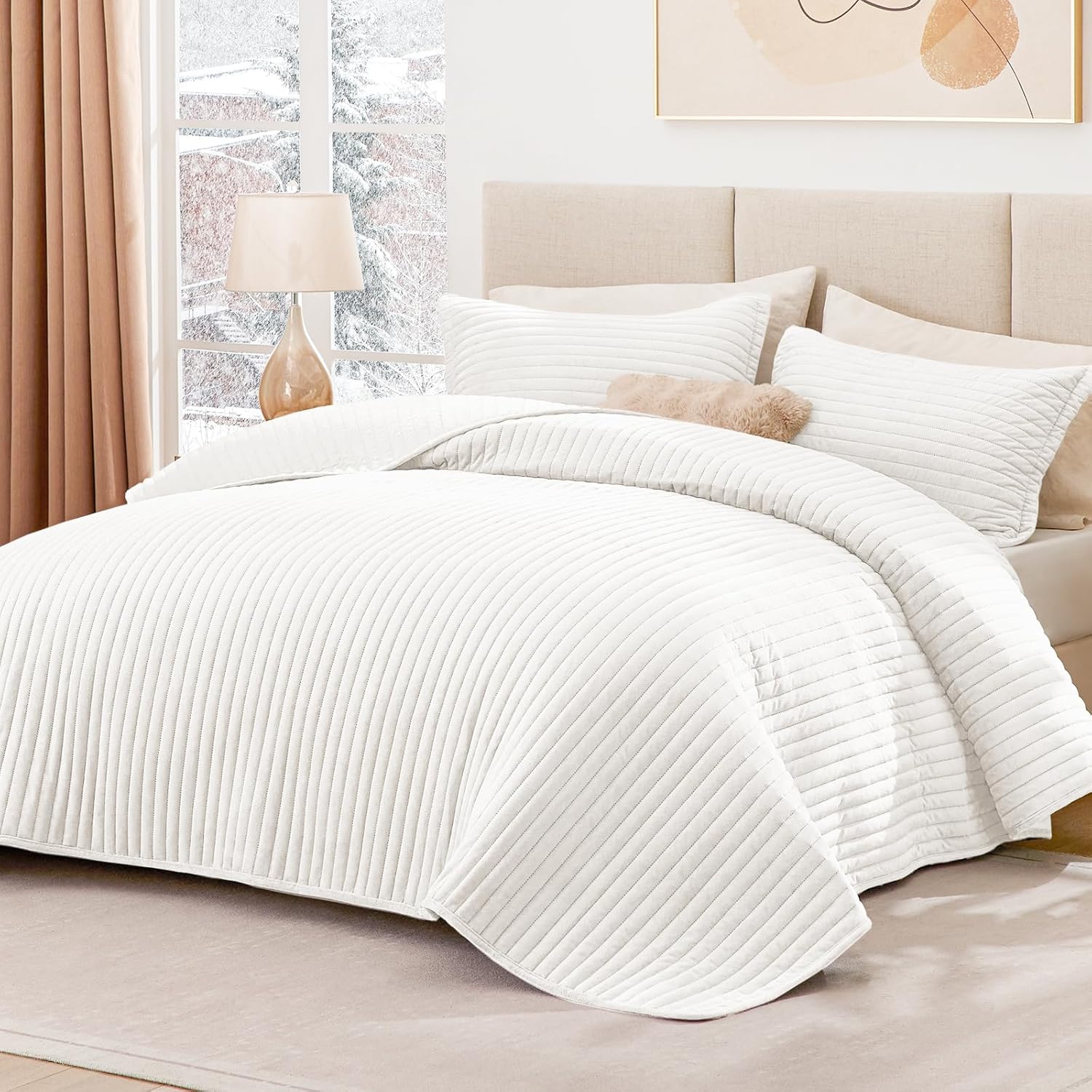 Love's cabin Velvet Quilts for Queen Bedspreads Bedding Set - Luxury Velvet Quilt Lightweight Bedspread - Striped Pattern Comforter Coverlet for All Season - White, 3 Piece (1 Quilt, 2 Pillow Shams)